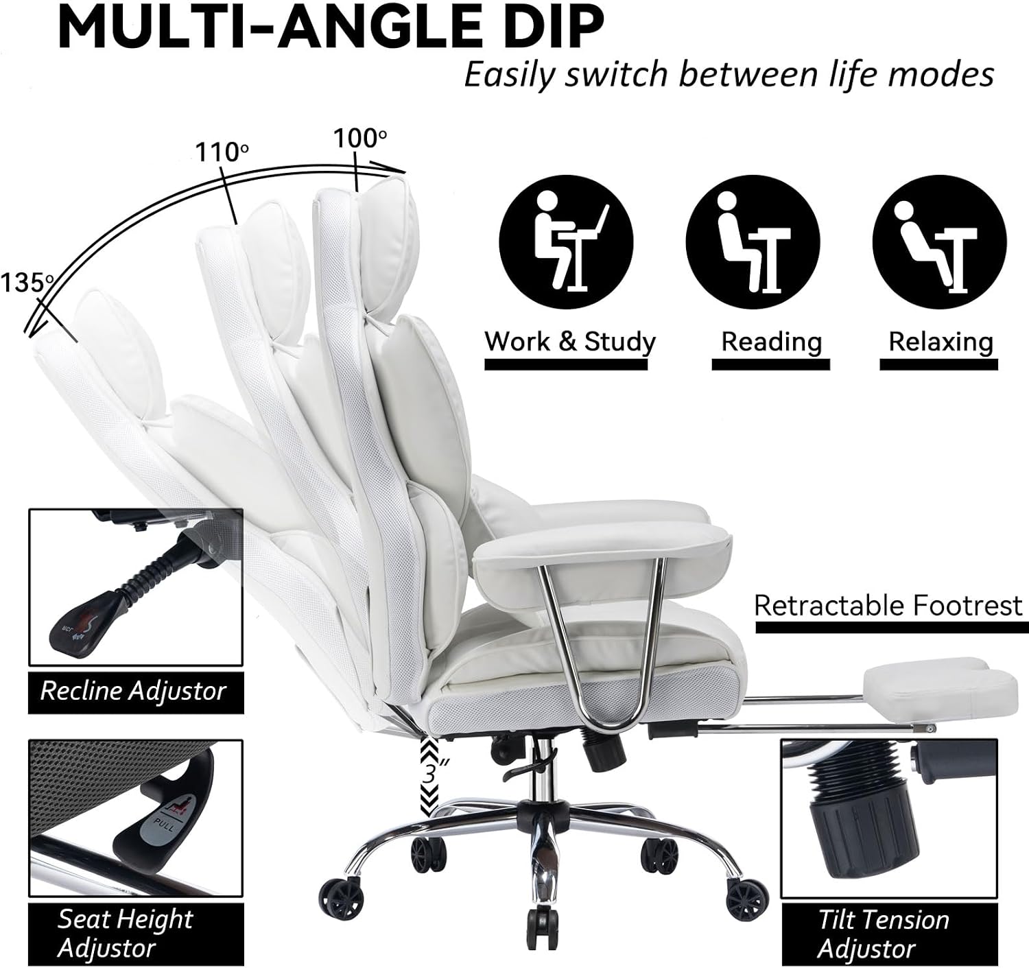 Efomao Big and Tall Office Chair, 400lbs Heavy Duty High Back Executive Chair with 23.6' Extra Wide Seat, PU Leather Desk Chair with Footrest and Padded Armrests, White
