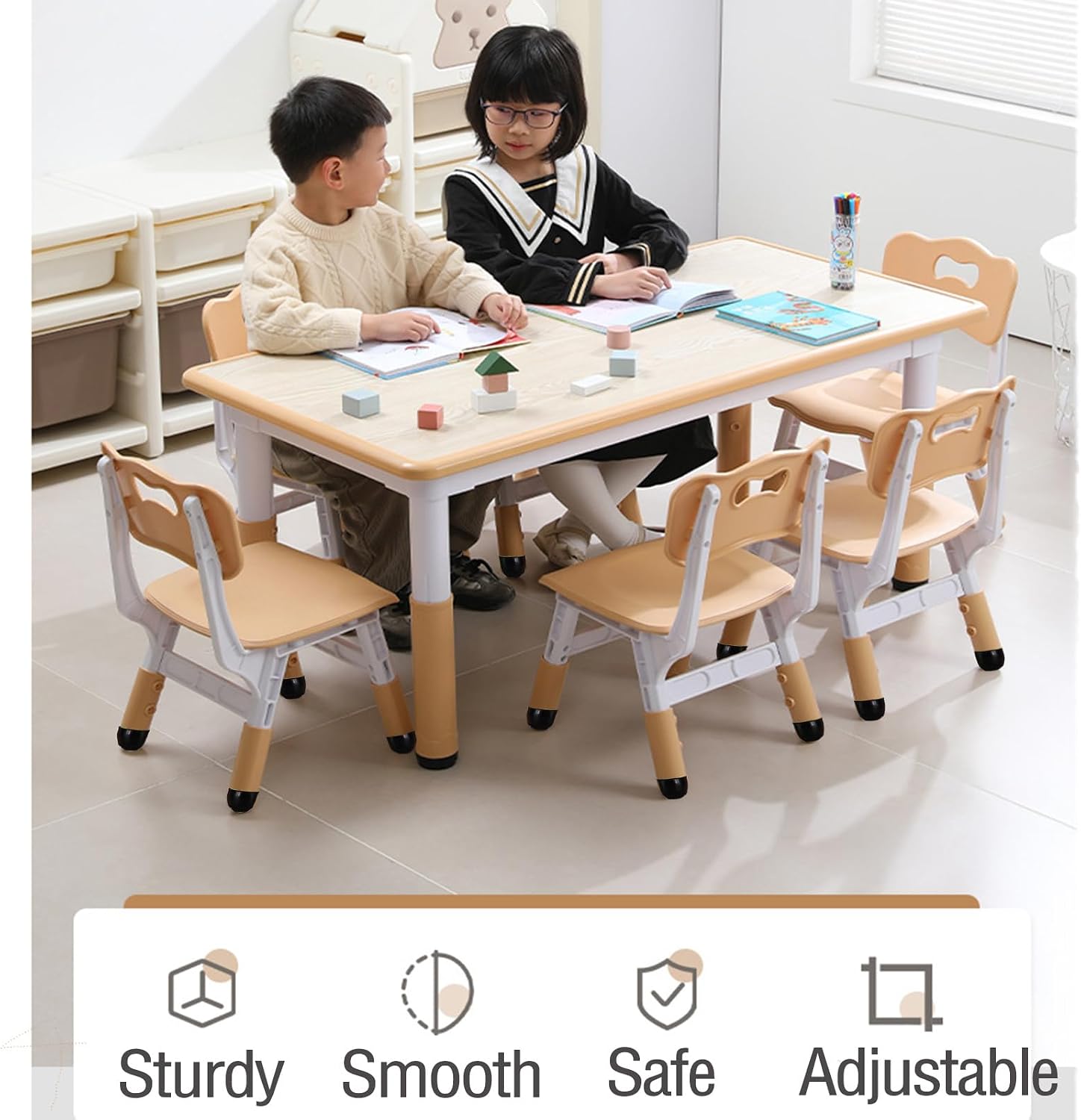 Kids Table and Chair Set, Height Adjustable Toddler Arts & Crafts Table and 6 Chair Set for Ages 2-10,Max 300lbs Kids Activity Art Table for Classroom Daycares,Home