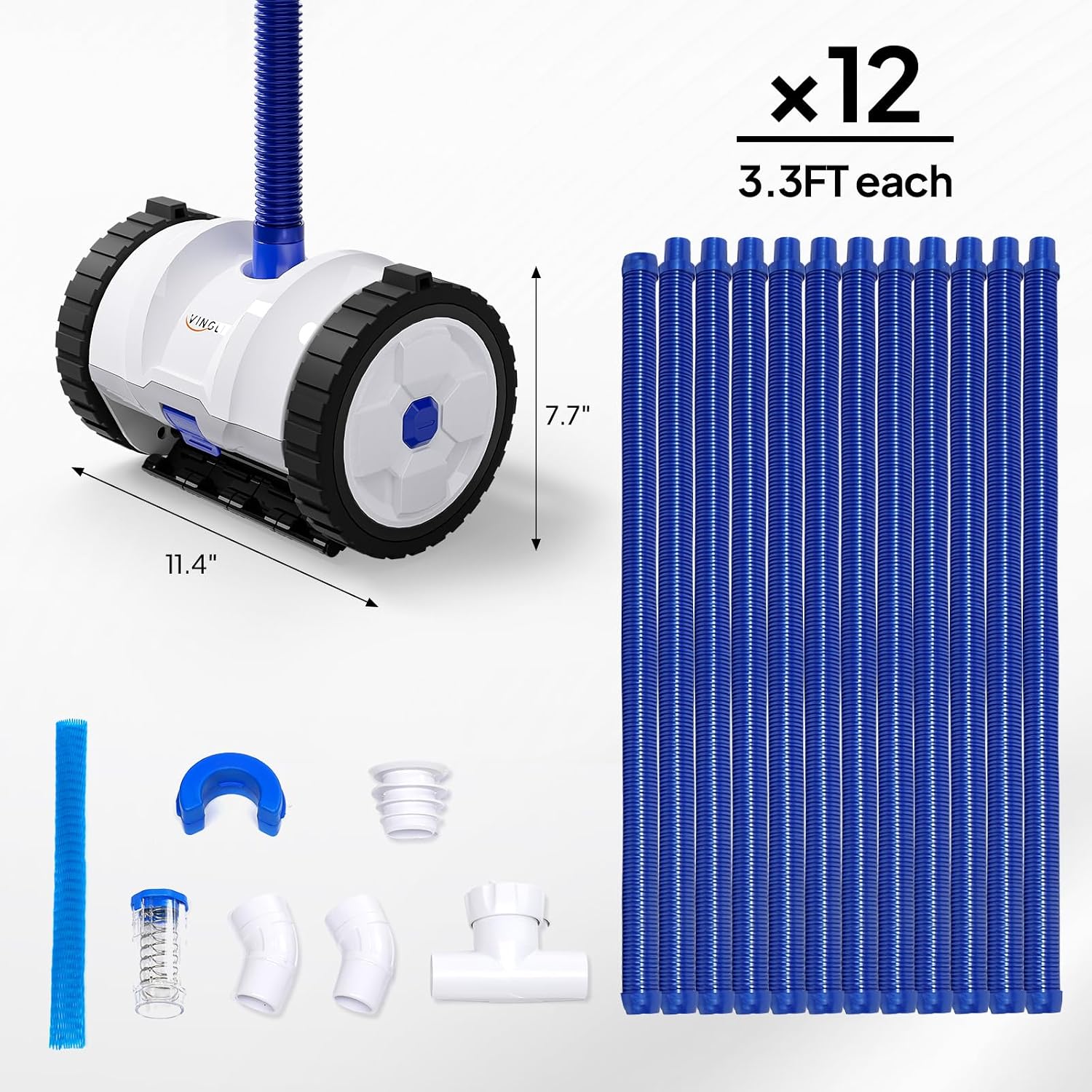 VINGLI Pool Vacuum Cleaner, Suction Side Wall-Climbing Sweeper for Ground&Inground Pools, Automatic Pool Vacuum with 39.6ft Tangle-Free Hose (Navy Blue&White)