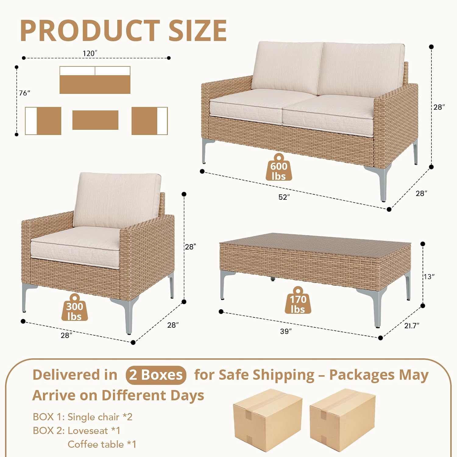 4-Piece Outdoor Patio Furniture Set Beige All-Weather Rattan Outdoor Couch with Coffee Table Outdoor Patio Sofa Seating with Cushions for Garden, Poolside, Porch