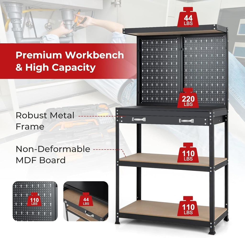 Goplus Workbench, Work Table with Drawer, Pegboard, Hanging Accessories, Topping Space, 4-Tier Heavy Duty Metal Tool Storage Bench, Work Benches for Garage, Workshop (Red, 32' x 16' with Drawer)