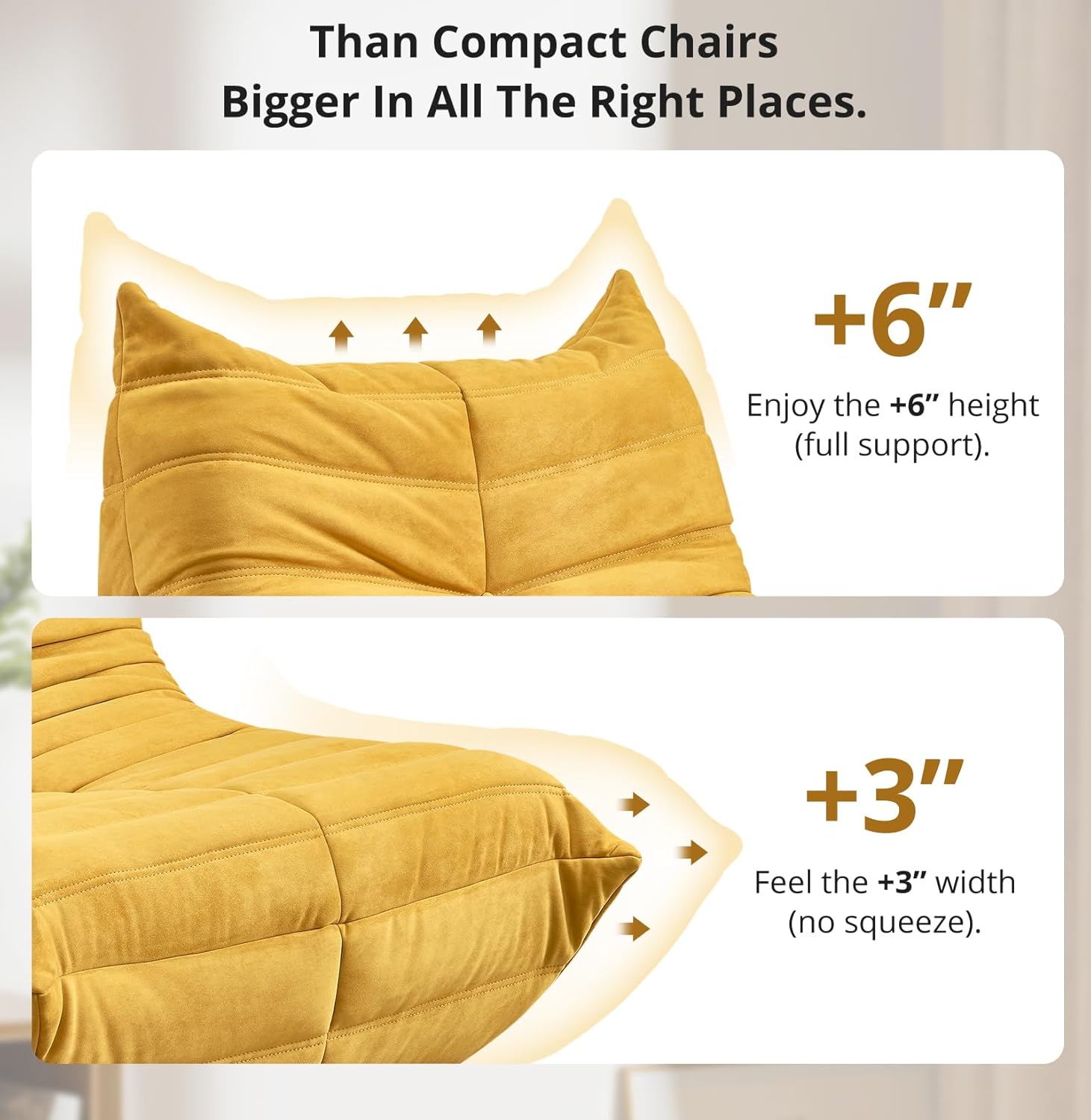 Bean Bag Chair - Corner Sofa, Fireside Chair Bean Bag Sofa Large Bean Bag Chair for Adults,Fireside Floor Couch for Living Room, Bedroom, Gaming & Office (Yellow, Single)