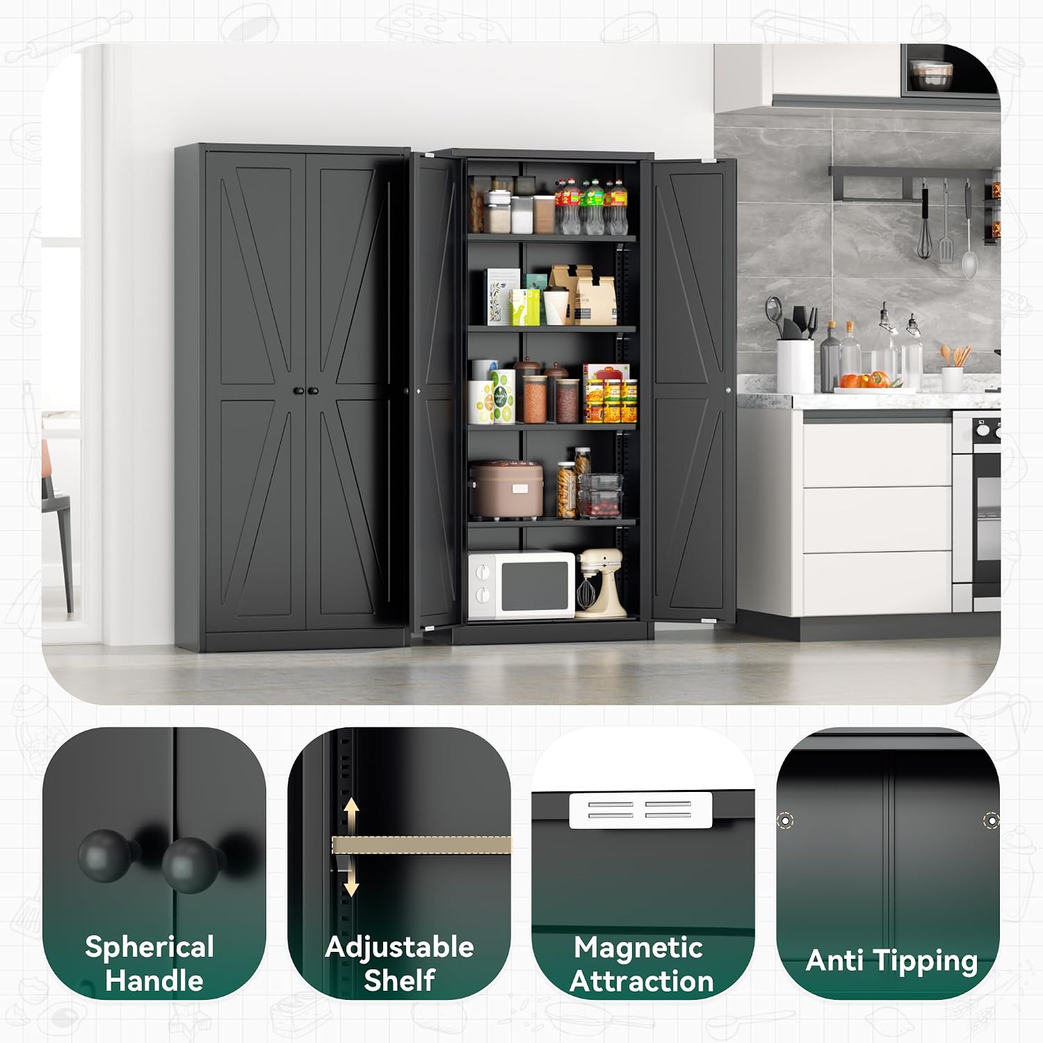 Greenvelly 63' H Black Farmhouse Metal Pantry Cabinet, Kitchen Pantry Storage Cabinets with 2 Doors and Adjustable Shelves, Kitchen Pantry Cabinets for Home, Garage and Bedroom