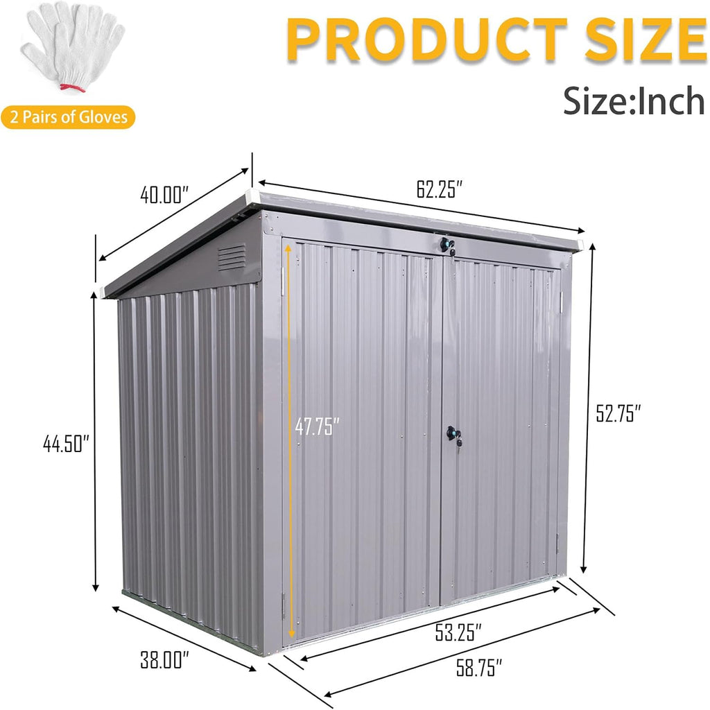 62' Grey Metal Outdoor Storage Shed with Sloped Roof, Lockable Tool Shed for Trash Cans, Garden Tools, Firewood, or Pet House, Waterproof, Galvanized Steel (Grey)