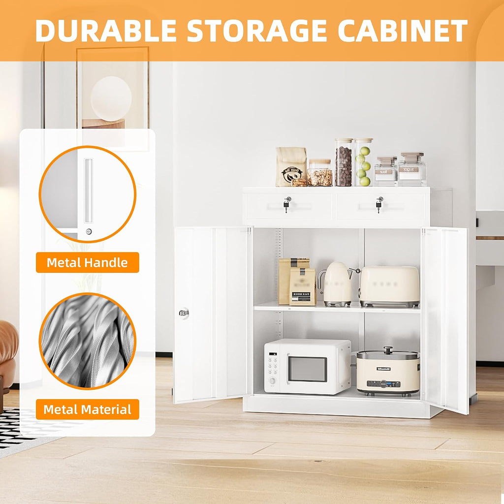 INTERGREAT Metal Storage Cabinet with Drawers, 36'H Lockable Office Storage Cabinets with 2 Doors and Adjustable Shelves, White Steel File Cabinet for Home Office, Garage, School, Apartment(White)