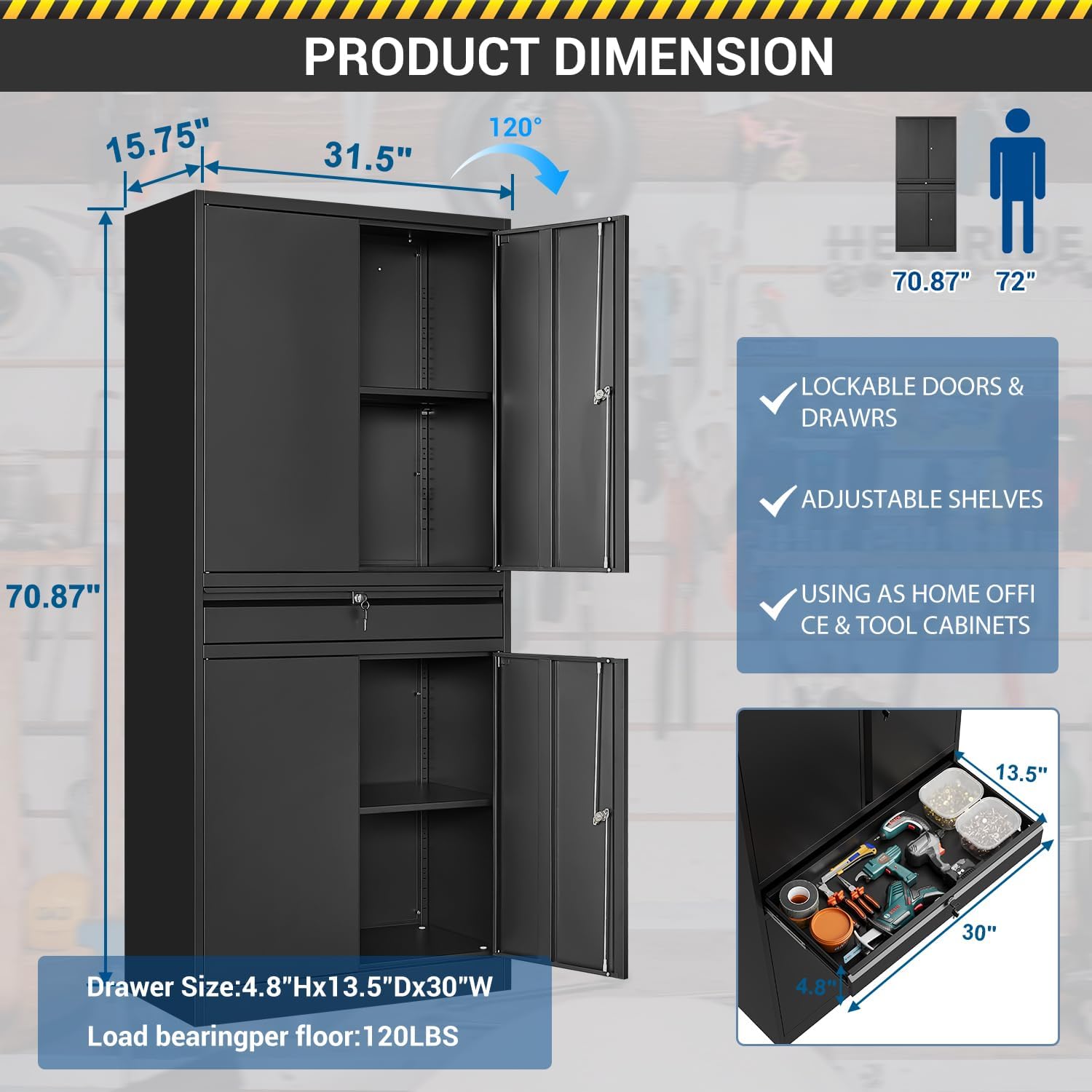 Fesbos 71' Metal Cabinet-Black Heavy Duty Storage File Cabinet Steel Tool Cabinets with Shelves, Lockable Doors and Drawers- for Garage, Pantry, Warehouse - Assembly Required