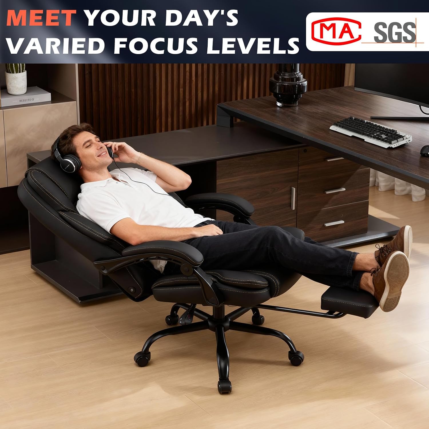 Massage Office Chair with Foot Rest, Dual Kneading Lumbar Massage Ergonomic Office Chair, 500LBS Big and Tall Reclining Desk Chair with Pet Scratch-Resistant Leather and Pillow for Home Office