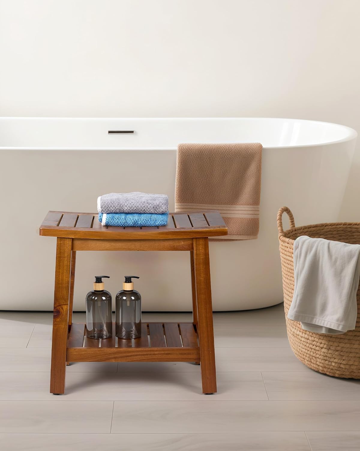 Upolana Outdoor Shower Bench, 20' Solid Acacia Wood Shower Stool Waterproof Shower Seat with Storage Shelf for Bathroom - SB001