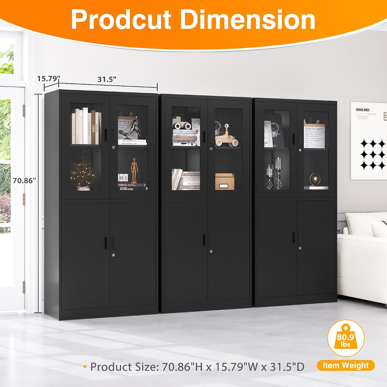 Metal Storage Cabinet with Glass Doors, Lockable Office Storage Cabinet, 71' Tall Display Case with Adjustable Shelves for Home Office,School and Hospital (Black)