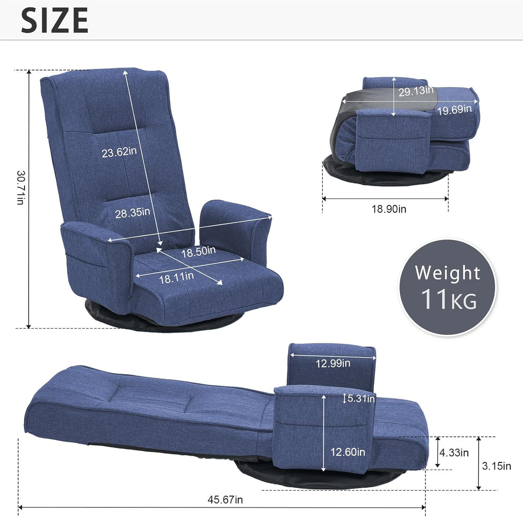 360 Swivel Gaming Chair 14-Position Adjustable Folding Floor Sofa with Armrests Lounger Bed for Home & Living Room Chaise Lounge Indoor for Adults (Blue-1)