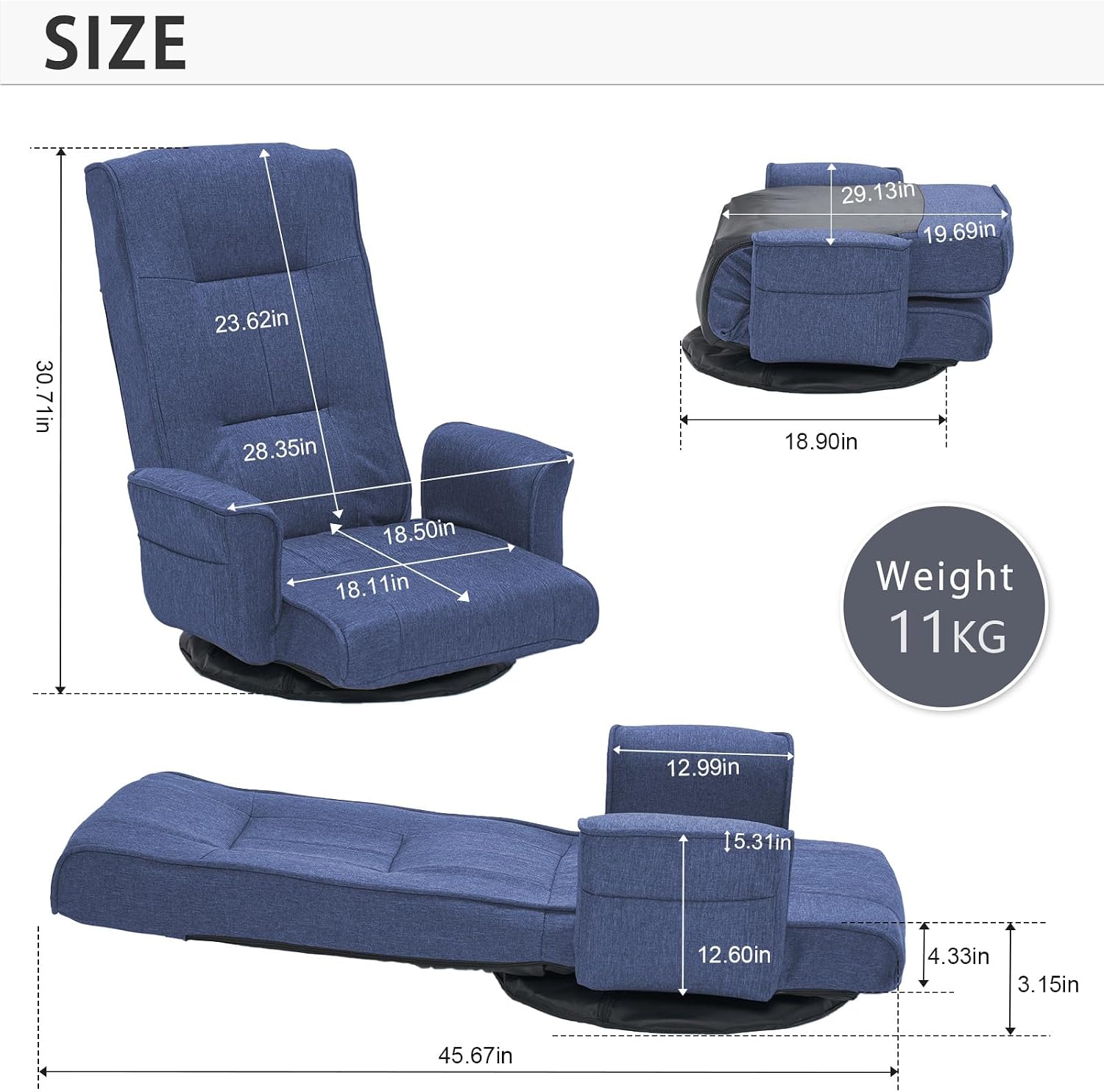 360 Swivel Gaming Chair 14-Position Adjustable Folding Floor Sofa with Armrests Lounger Bed for Home & Living Room Chaise Lounge Indoor for Adults (Blue-1)