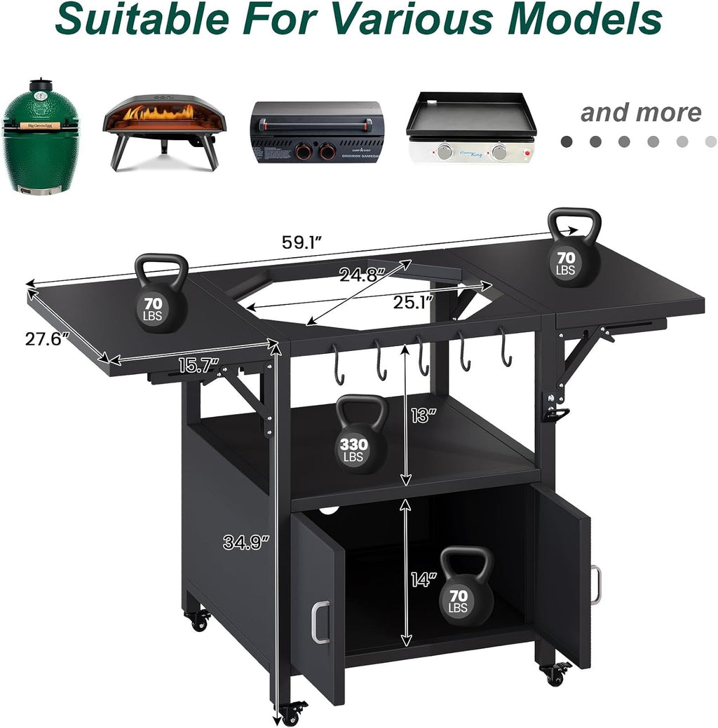 59' L Outdoor Grill Table for Big Green Egg Accessories, Heavy Duty Metal Cart Prep Table with Detachable Desktable, Hooks, Removable Central Cover, Compatible with Egg Grill and Tabletop Griddle
