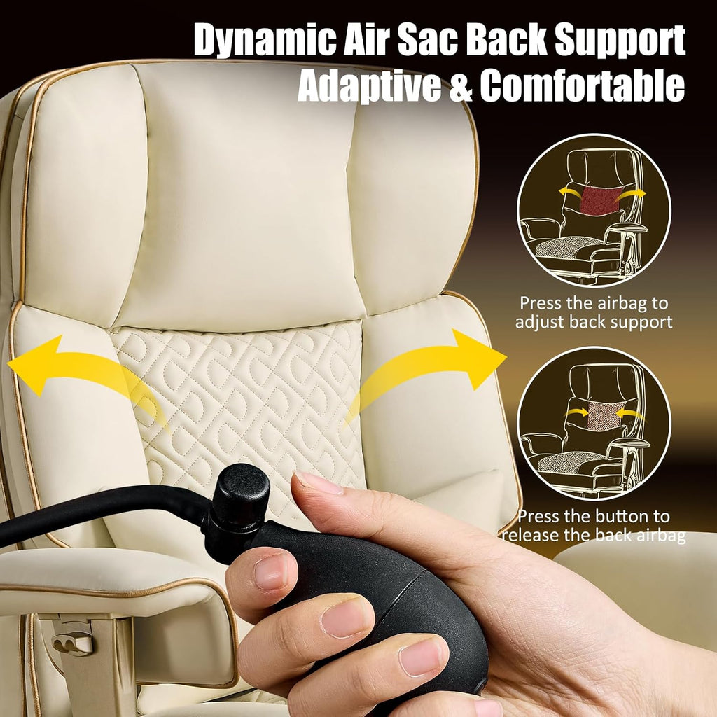 Leather Office Chair with Footrest, High-Back Executive Office Chair with Adjustable Lumbar Support, Luxury Desk Chair with Silent Wheels Rocking 360° Swivel, Height Adjustment,Beige