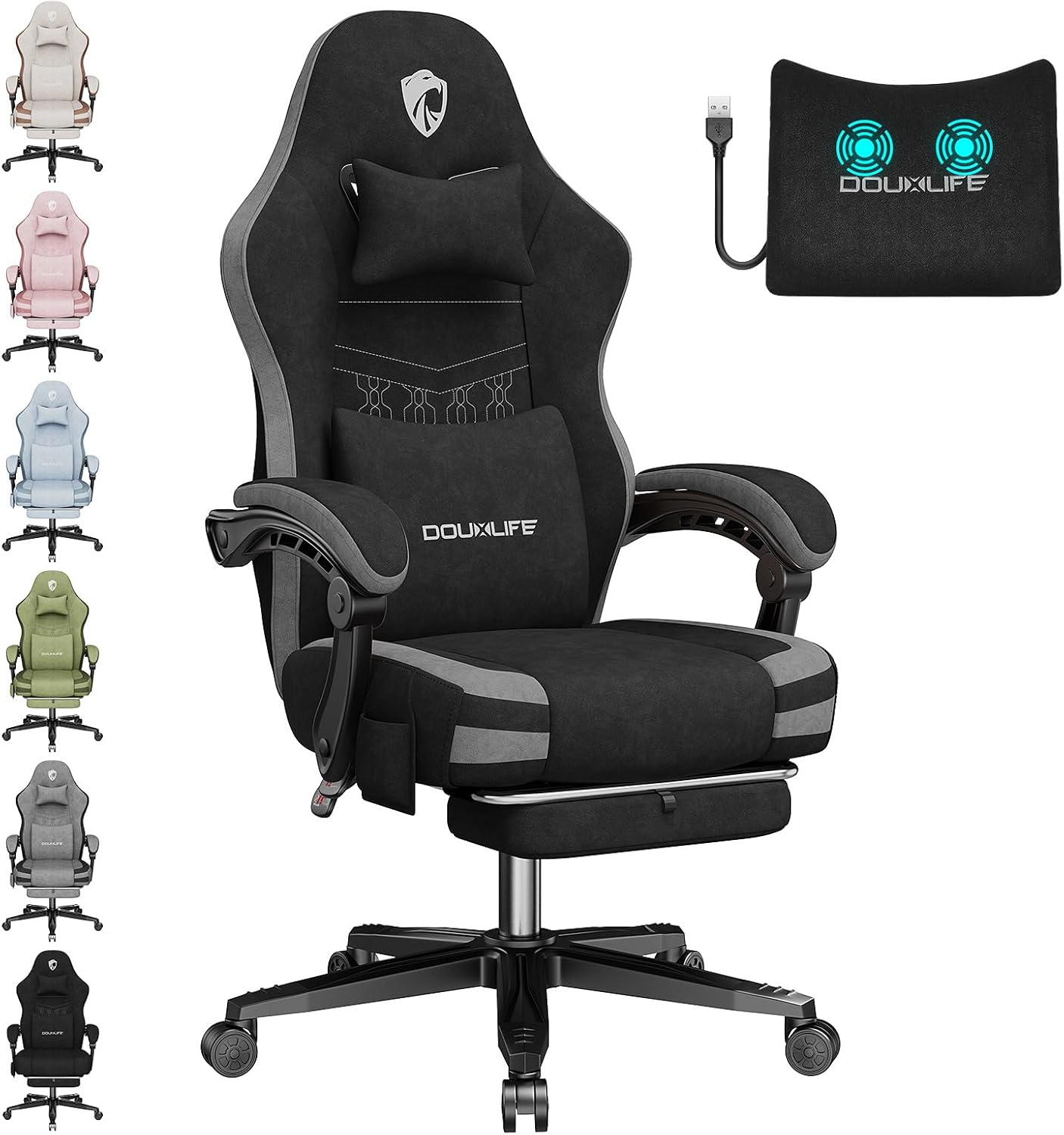Gaming Chair, Fabric Computer Office Chair with Massage, Ergonomic Chair with Footrest Lumbar Support, Pocket Spring Widened Cushion Metal Legs 350LBS Dark Gray