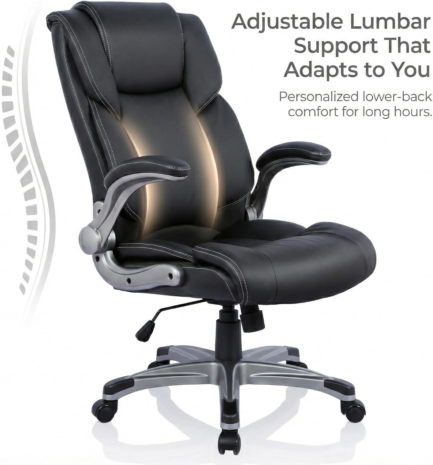 COLAMY Ergonomic Executive Office Chair with Lumbar Support, Flip-Up Arms, Bonded Leather High Back Desk Chair for Home Office & Workstation, Computer Chair for Adults Men Women, Black
