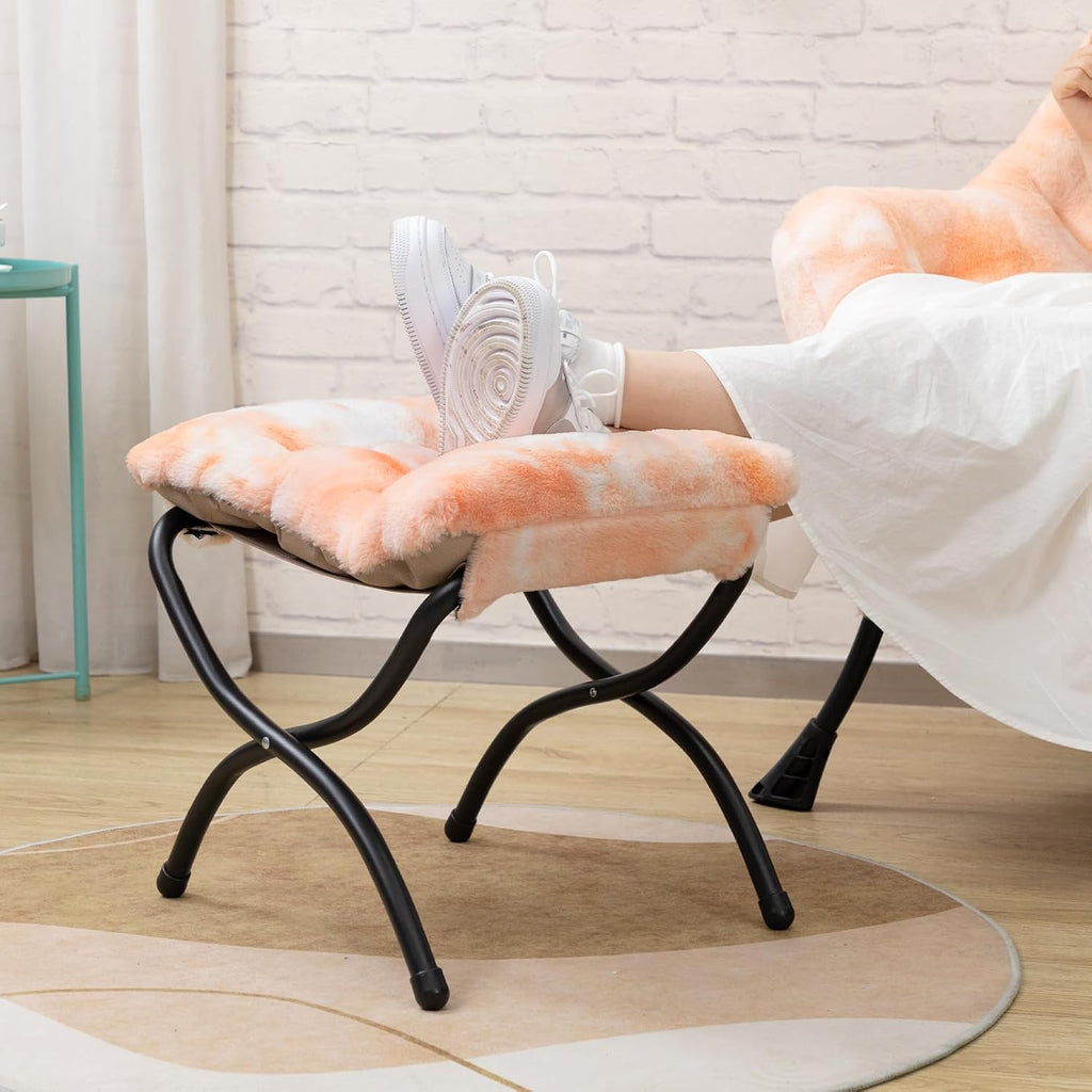HollyHOME Lazy Chair with Foldable Ottoman, Accent Comfy Lounge Armchair and Folding Footrest Stool, Leisure Sofa Reading Chair and Footstool for Living Room, Bedroom, Dorm,Faux Fur Peach