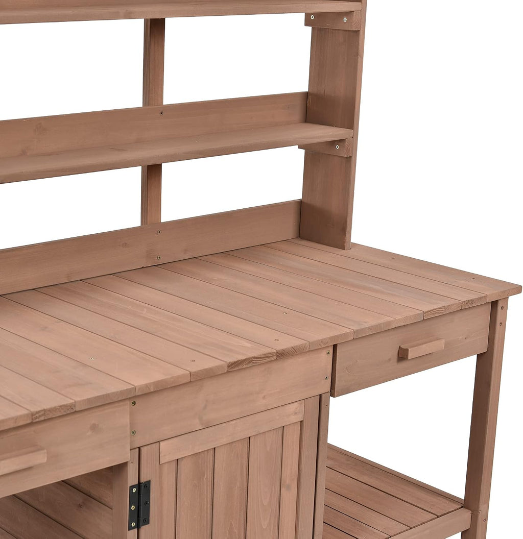 Outdoor Potting Bench Table, Farmhouse Wooden Garden Workstation with 2 Drawers, Cabinet and Open Shelves for Backyard, Mudroom, Brown