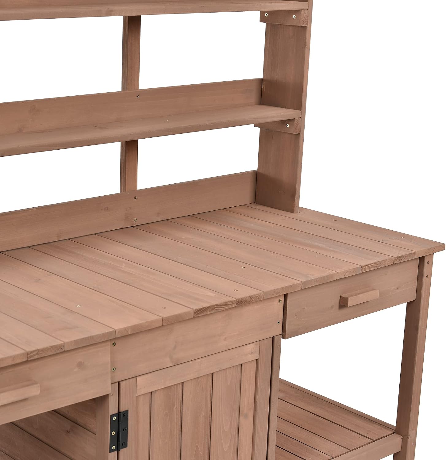 Outdoor Potting Bench Table, Farmhouse Wooden Garden Workstation with 2 Drawers, Cabinet and Open Shelves for Backyard, Mudroom, Brown