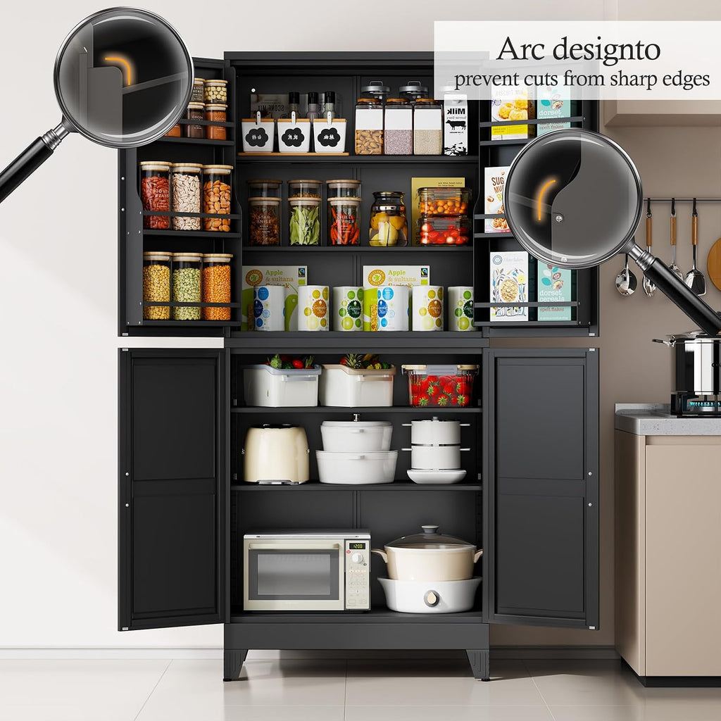 Black Pantry Storage Cabinet, 75' Kitchen Pantry with Doors and 3 Adjustable Shelves, Metal Freestanding Buffet Cupboards Sideboard, for Office, Home, Garage, School