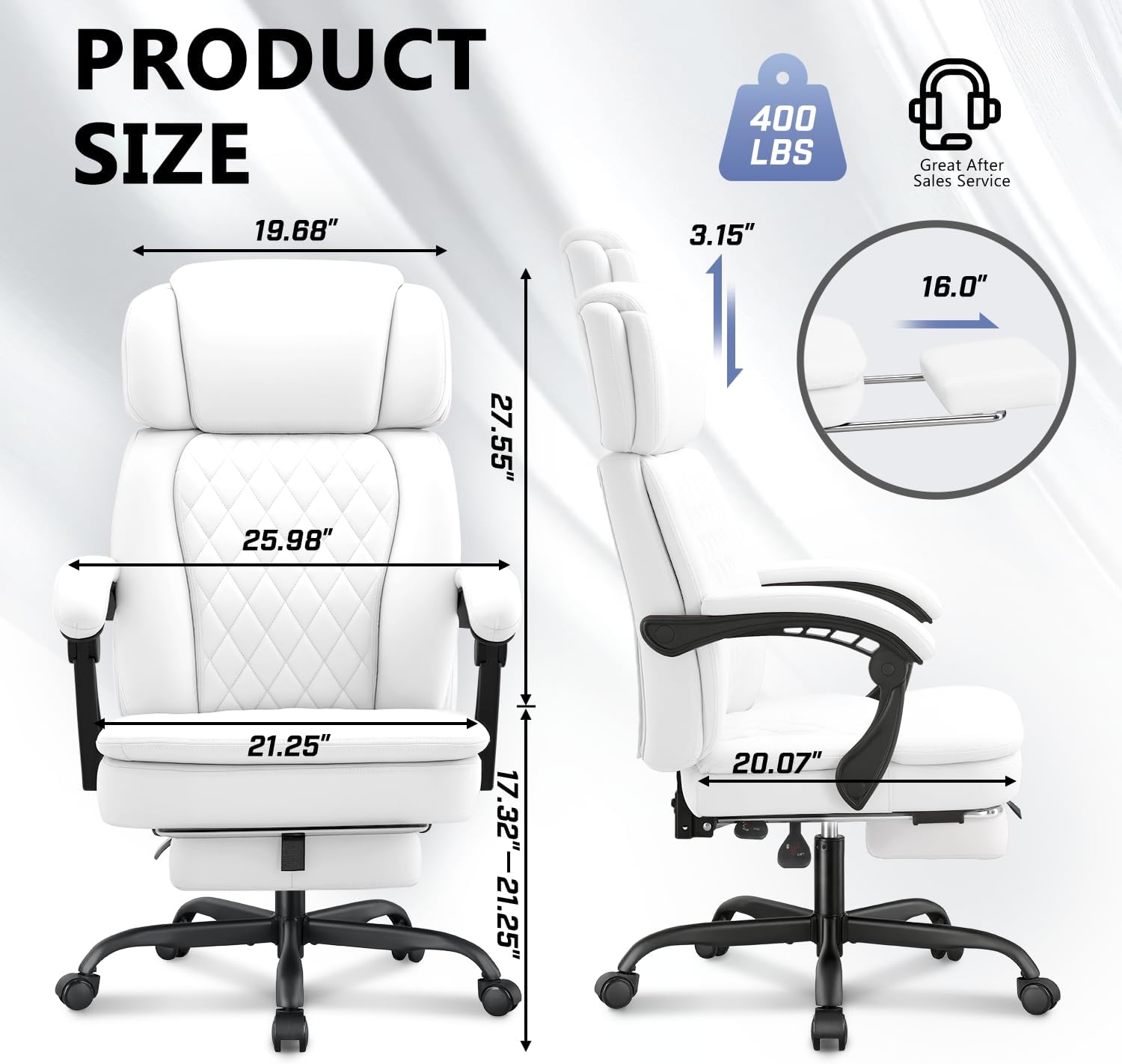 400lbs Office Chair with Foot Rest, Ergonomic Big and Tall Office Chair with Adjustable Headrest, High Back PU Leather Computer Chair,Comfy Heavy Duty Office Desk Chair (Classic White)