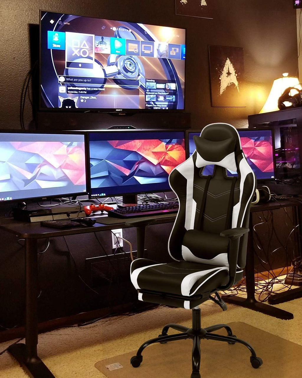 BestOffice Ergonomic PC Racing Gaming Chair Cheap Office Desk Chair PU Leather Computer Chair Lumbar Support with Footrest Modern Task Rolling Swivel Chair for Women, Men(White)