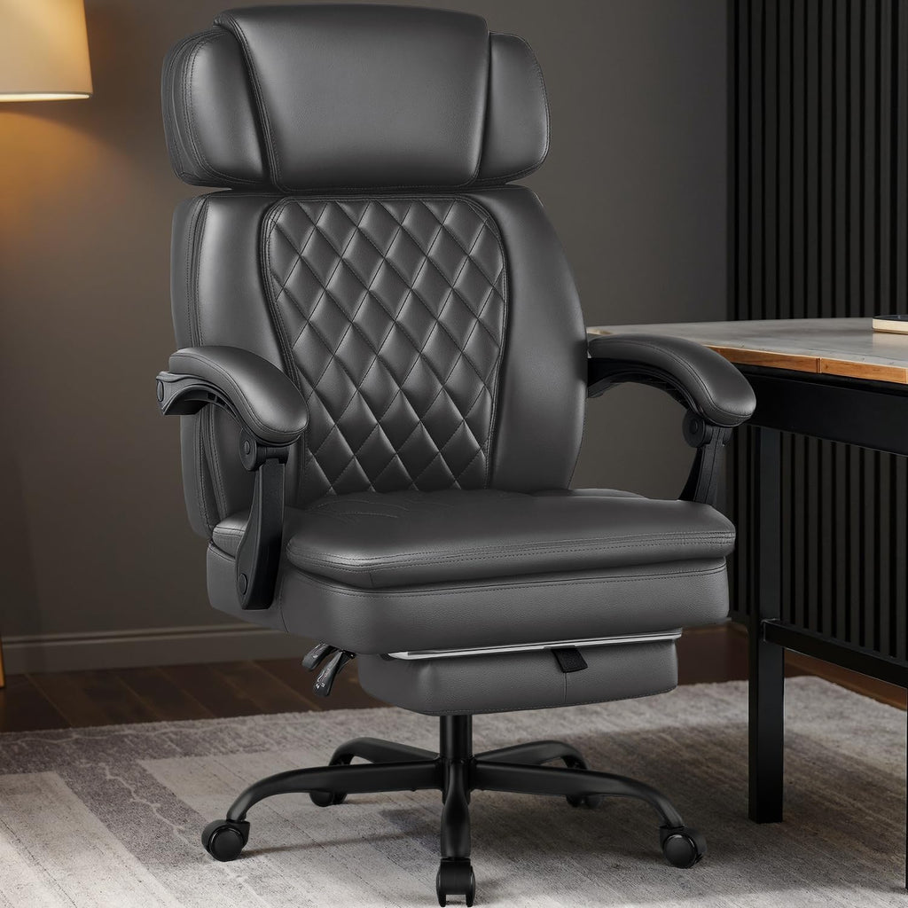 400lbs Executive Office Chair with Foot Rest for Heavy People, Ergonomic Big and Tall Desk Chair with Adjustable Headrest, High Back PU Leather Comfy Heavy Duty Computer Chair with Spring Cushion