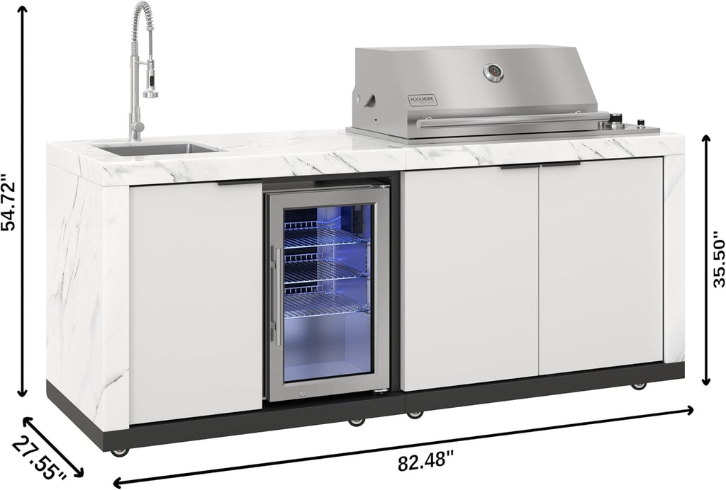 KoolMore Reserve 83 in. Outdoor Kitchen Suite with White Stone Counters and Sides, 4-Burner Grill, Stainless Steel Sink and Faucet