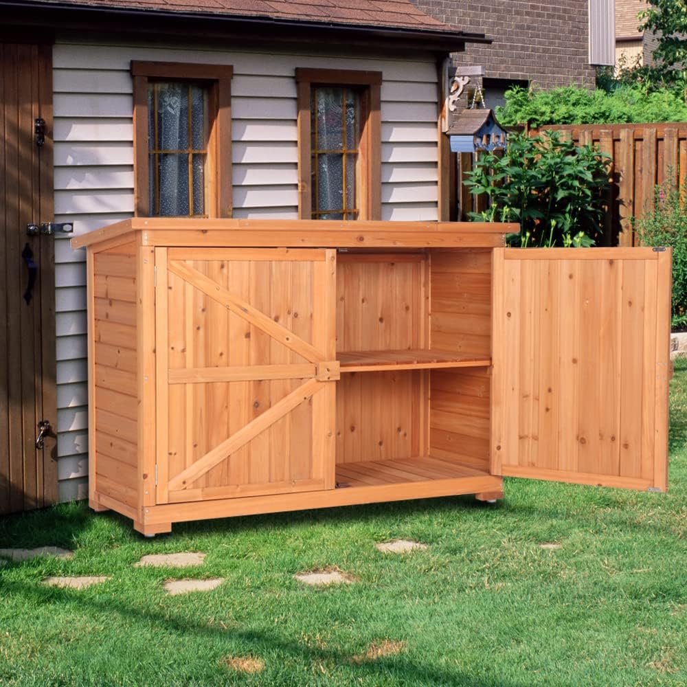 Outdoor Wooden Storage Cabinet, Wood Garden Shed, Outside Tool Shed, Vertical Organizer Cabinet with Double Doors for Outside, Garden and Yard