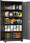 Greenvelly Metal Garage Storage Cabinet with Wheels, Black 73' Rolling Metal Cabinet with Locking Doors and Adjustable Shelves, Tool Organization with Wheels for Home,Kitchen,Office