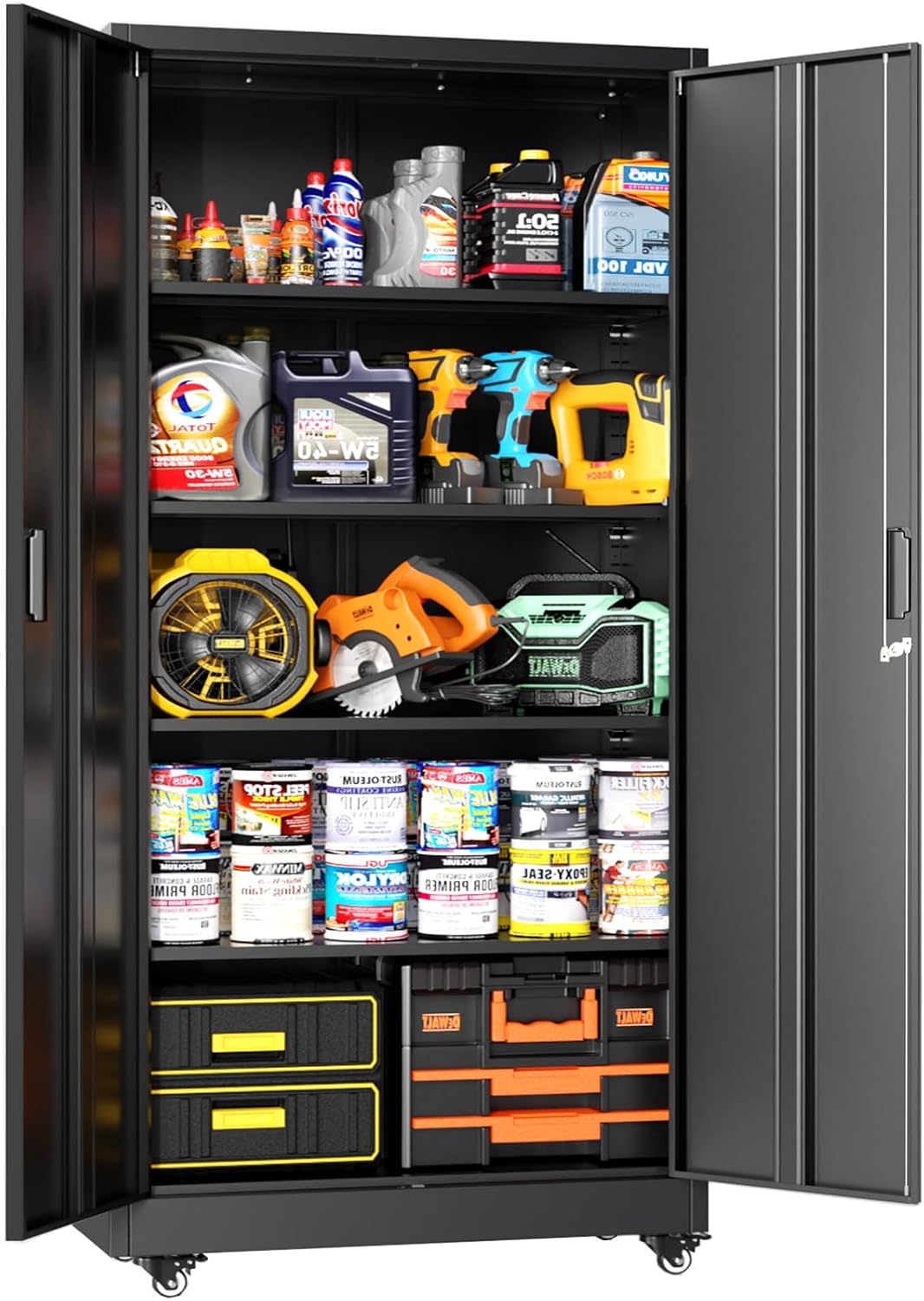 Greenvelly Metal Garage Storage Cabinet with Wheels, Black 73' Rolling Metal Cabinet with Locking Doors and Adjustable Shelves, Tool Organization with Wheels for Home,Kitchen,Office