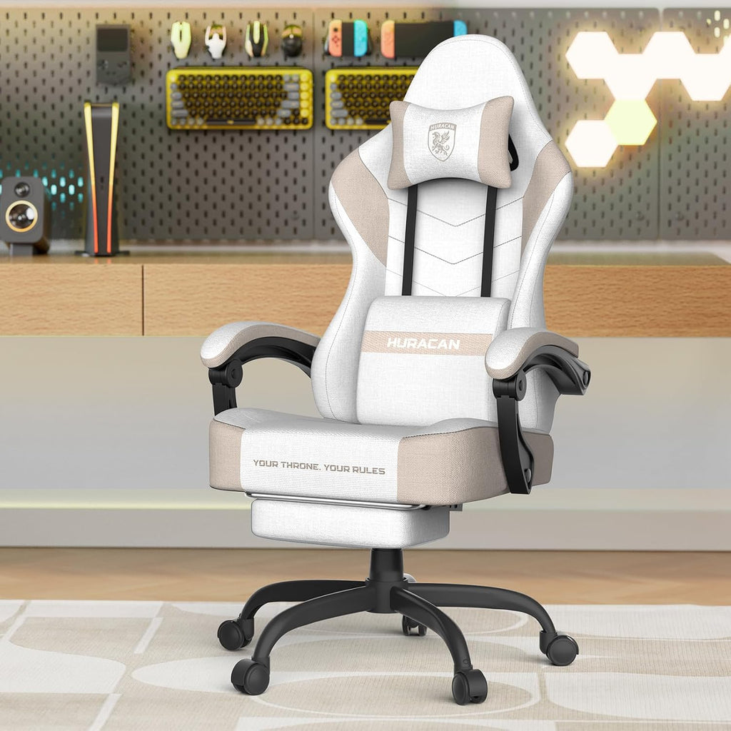 Ferghana Cotton Fabric Gaming Chair with Wider Seat Cushion, Shield-Shaped Embroidery Ergonomic High Back Game Chair with Footrest, Computer Chair with Massage Lumbar Support for Adult, Beige