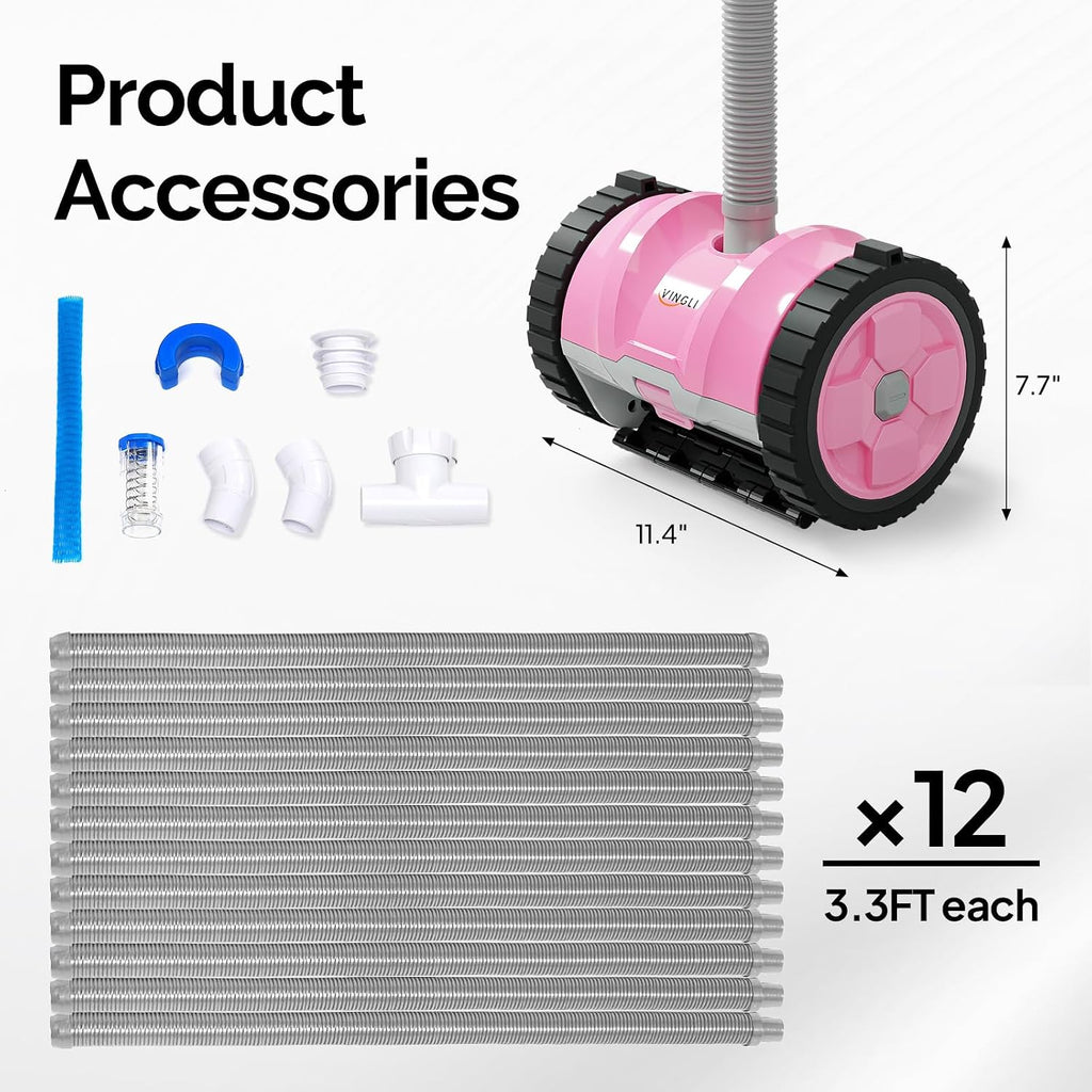 (2025 Upgrade) VINGLI Automatic Suction-Side Pool Vacuum Cleaner, Powerful Wall-Climbing Sweeper for Inground Pools, Includes 39.6ft Tangle-Free Hose (Pink&Gray)