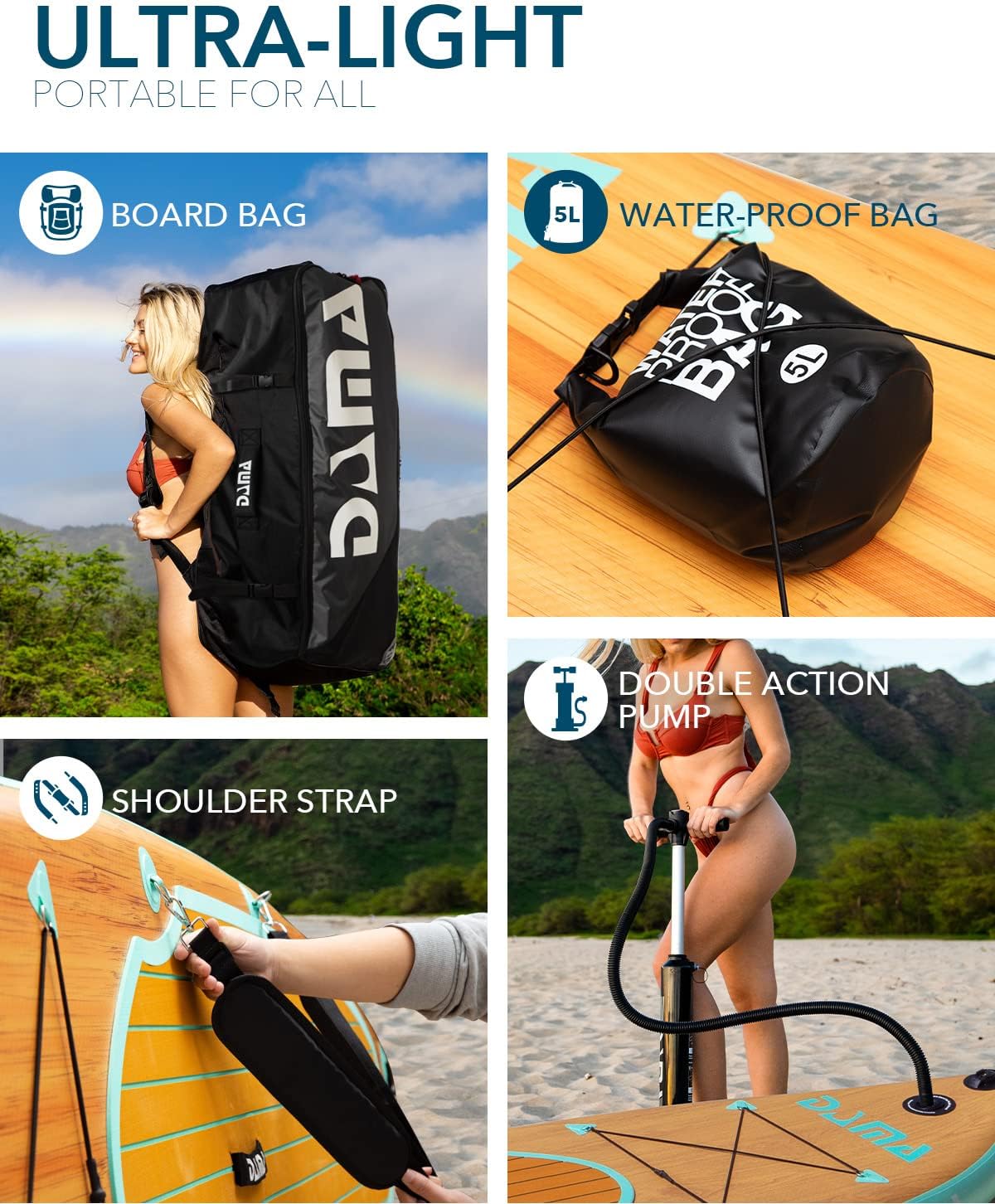DAMA 9'6'/10'6'/11' Inflatable Stand Up Paddle Board, Yoga Board, Camera Seat, Floating Paddle, Hand Pump, Board Carrier, Waterproof Bag, Drop Stitch, Traveling Board for Surfing