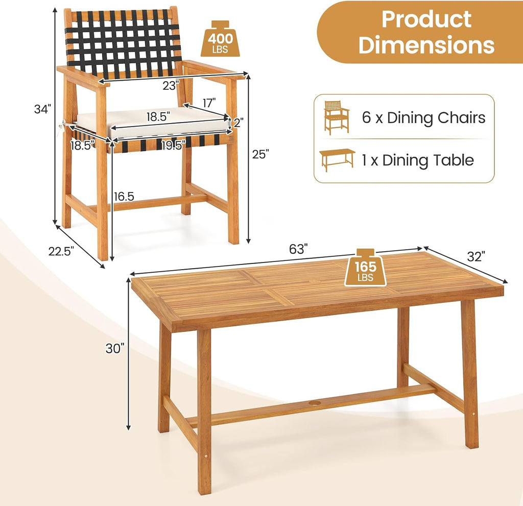 Tangkula 7 Piece Patio Dining Set for 6 People, 63' Outdoor Rectangular Acacia Wood Table with 1.97' Umbrella Hole & 6 Armchairs with Padded Seat Cushions, for Deck Yard and Poolside