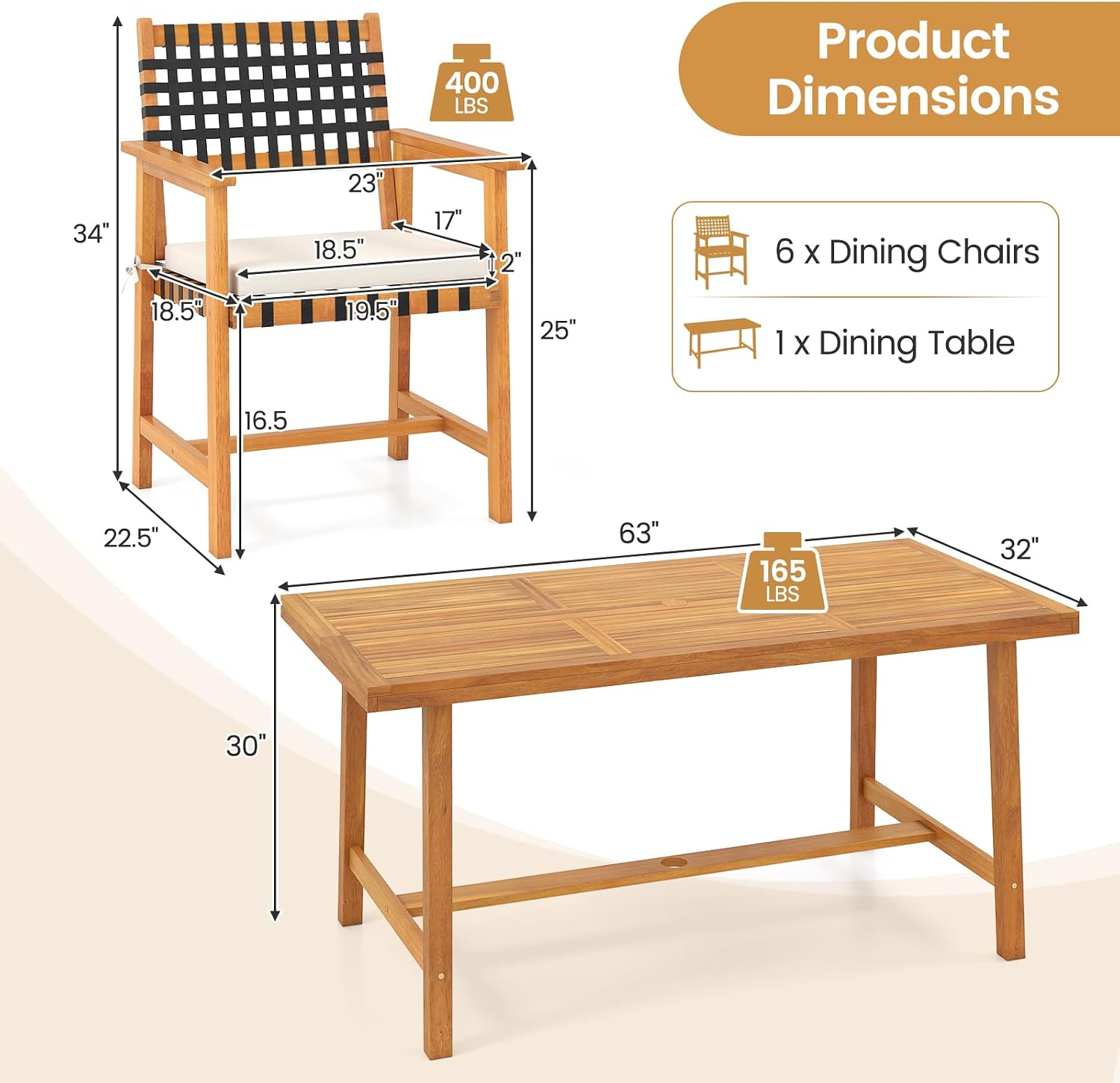 Tangkula 7 Piece Patio Dining Set for 6 People, 63' Outdoor Rectangular Acacia Wood Table with 1.97' Umbrella Hole & 6 Armchairs with Padded Seat Cushions, for Deck Yard and Poolside