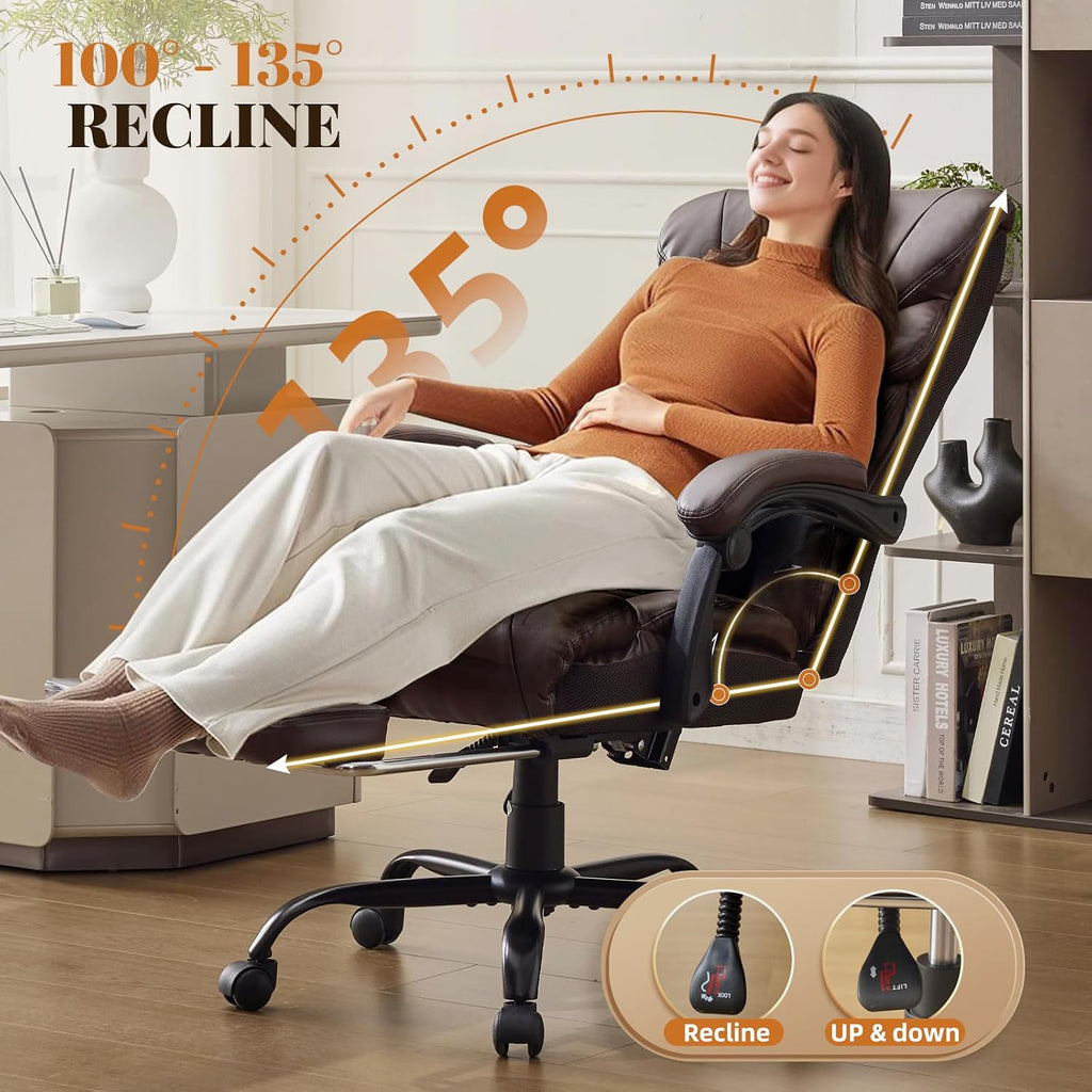 Comfortable Office Desk Chair 500 LBS, Big and Tall Office Chairs with Footrest,90-155°Recline Executive Leather Gaming Chair for Heavy People, Long Hours,Coffee Color