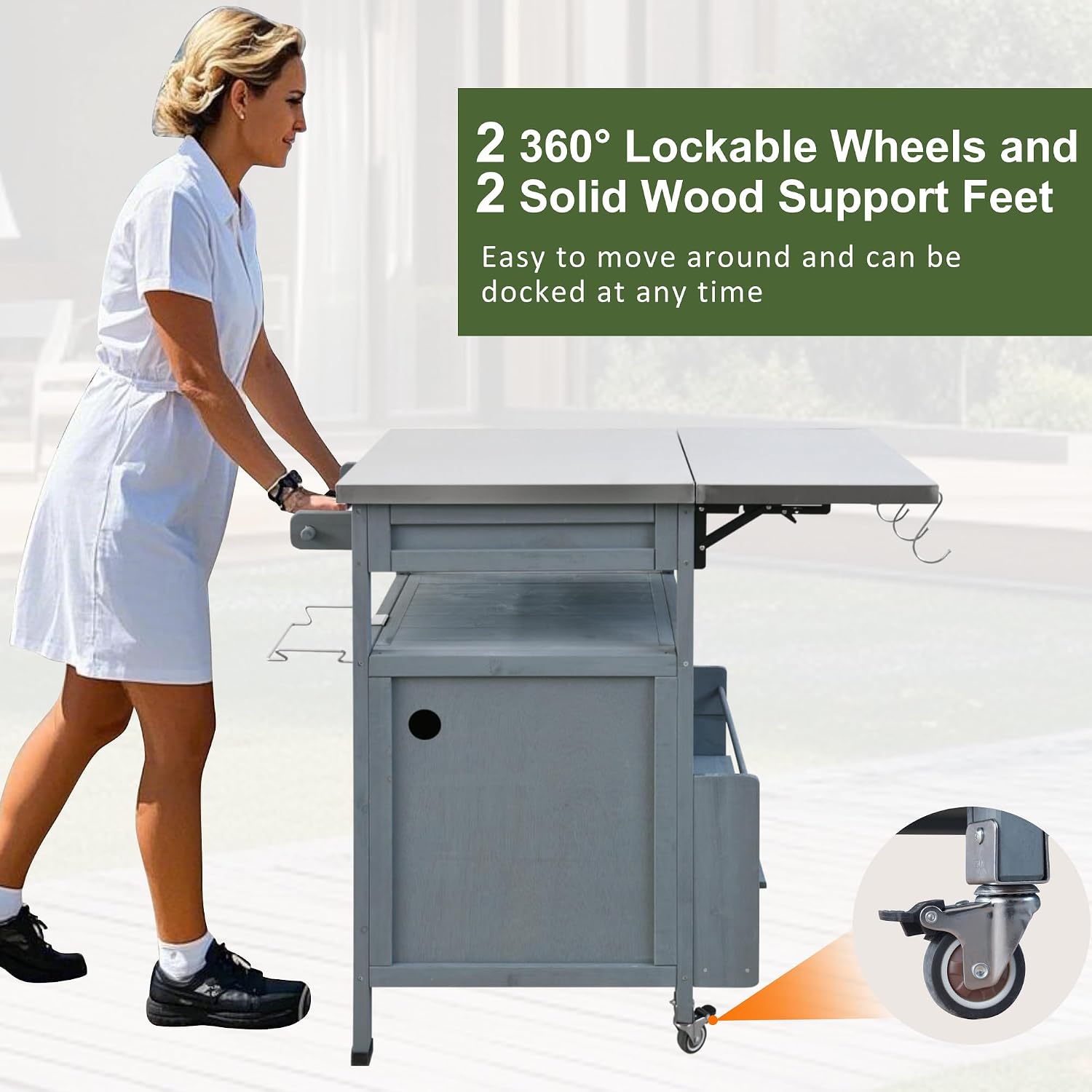 Merax 40.5' Outdoor Grill Cart with Stainless Steel Top, Outdoor Storage Cabinet with Drop Leaf, One Drawer, Towel Rack, Rolling Kitchen Cart with Lockable Wheels for Lawn Garden, Blue Grey