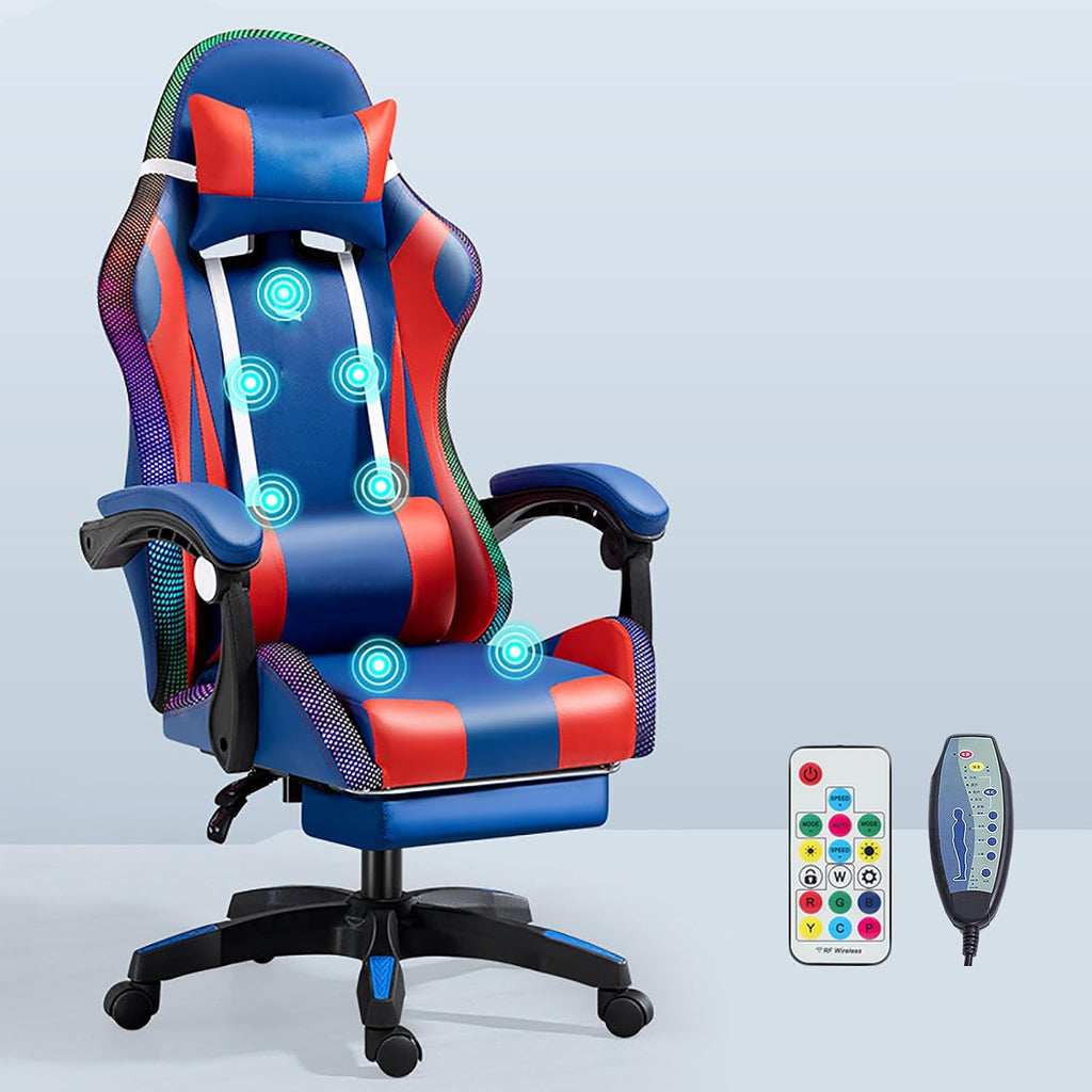 RGB Gaming Chair with Footrest Ergonomic Massage Computer Desk Chair Video Gaming Chair with Speakers Lumbar Support Height & Angles Adjustable Reclining Gamer Chair,RGB/7 Point Massage