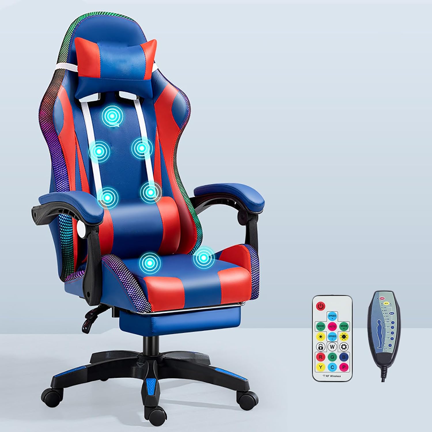 RGB Gaming Chair with Footrest Ergonomic Massage Computer Desk Chair Video Gaming Chair with Speakers Lumbar Support Height & Angles Adjustable Reclining Gamer Chair,RGB/7 Point Massage