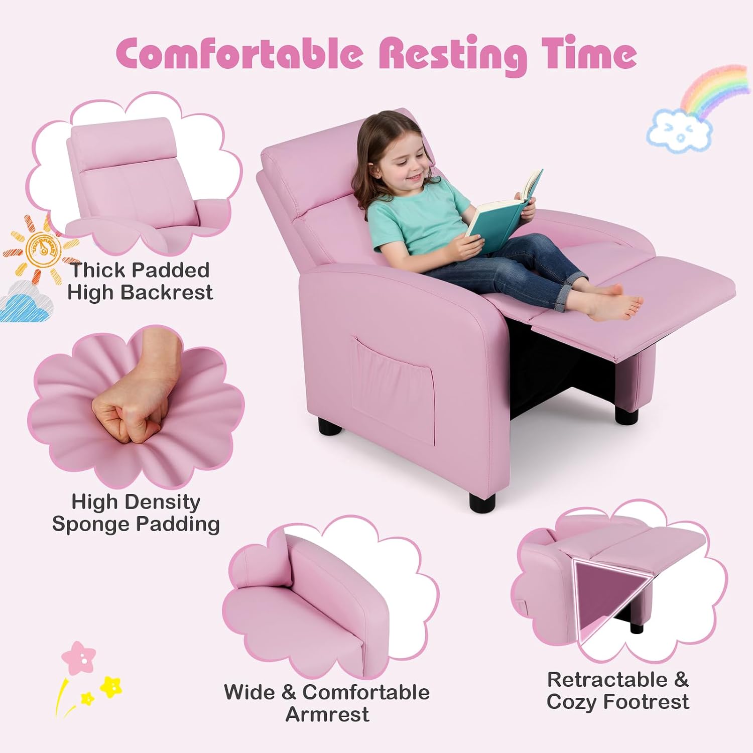 Costzon Kids Recliner, Adjustable PU Leather Lounge Chair w/Side Pockets, Footrest, Headrest for Kids Room&Play Room, Easy to Clean, Padded Pink Recliner Sofa for Children Boys Girls Aged 3-12 (Pink)