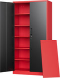 Letaya Metal Garage Storage Cabinets with Lock, 72' Tall Locker Organizer Steel Tool Cabinets,5 Adjustable Shelves 2 Doors for Home Office, Warehouse,Garage,Industrial,Employee (Black Red)