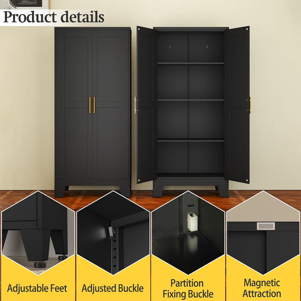 Black Metal Storage Cabinet, 61' Steel Cabinets for Home Office, Kitchen Pantry Storage Cabinet with Doors and 3 Adjustable Shelves, Metal Tool Cabinet, for Office, Home, Garage, School