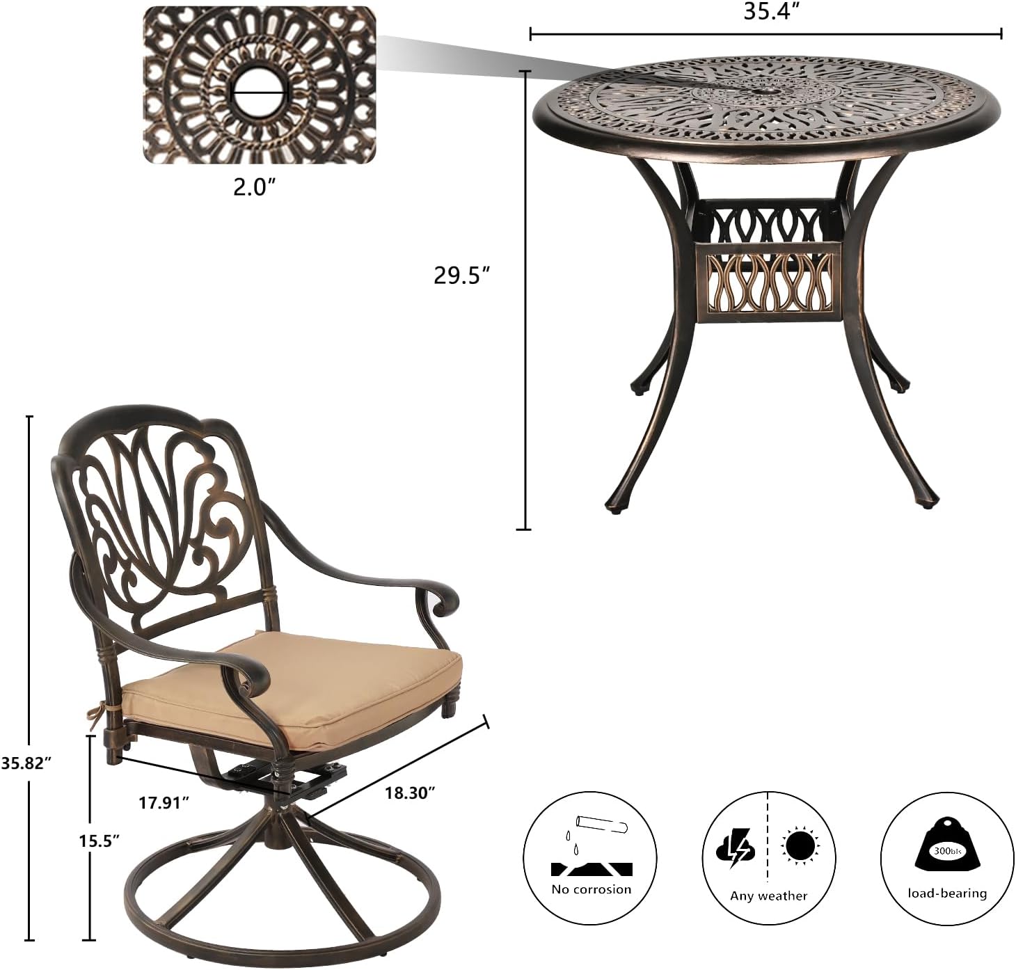 Grepatio 5 Piece Outdoor Dining Set Cast Aluminum Patio Dining Set Table and Chairs Outside Furniture 4 Swivel Chairs with Cushion and 1 Umbrella Hole Round Dining Table for Lawn Garden Patio (Khaki)