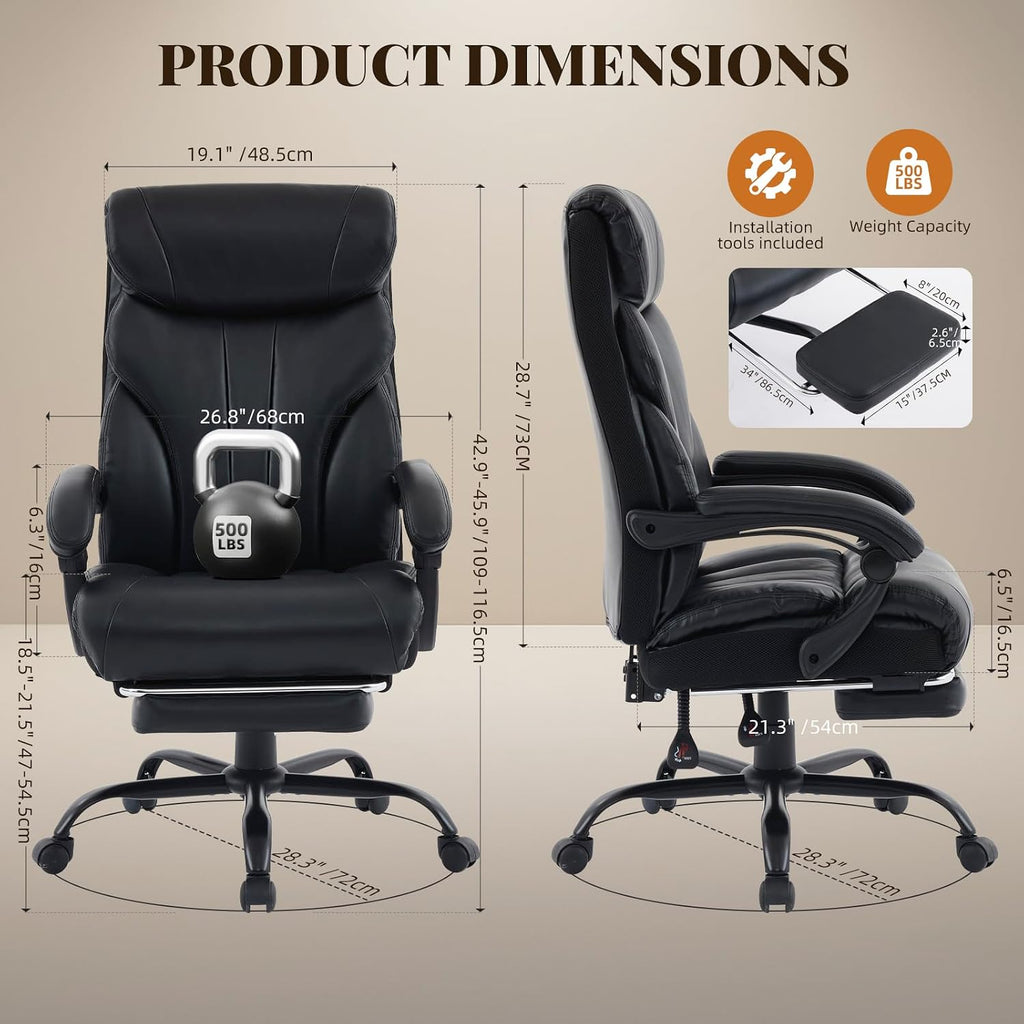 Comfortable Office Desk Chair 500 LBS, Big and Tall Office Chairs with Footrest,90-155°Recline Executive Leather Gaming Chair for Heavy People, Long Hours,Black