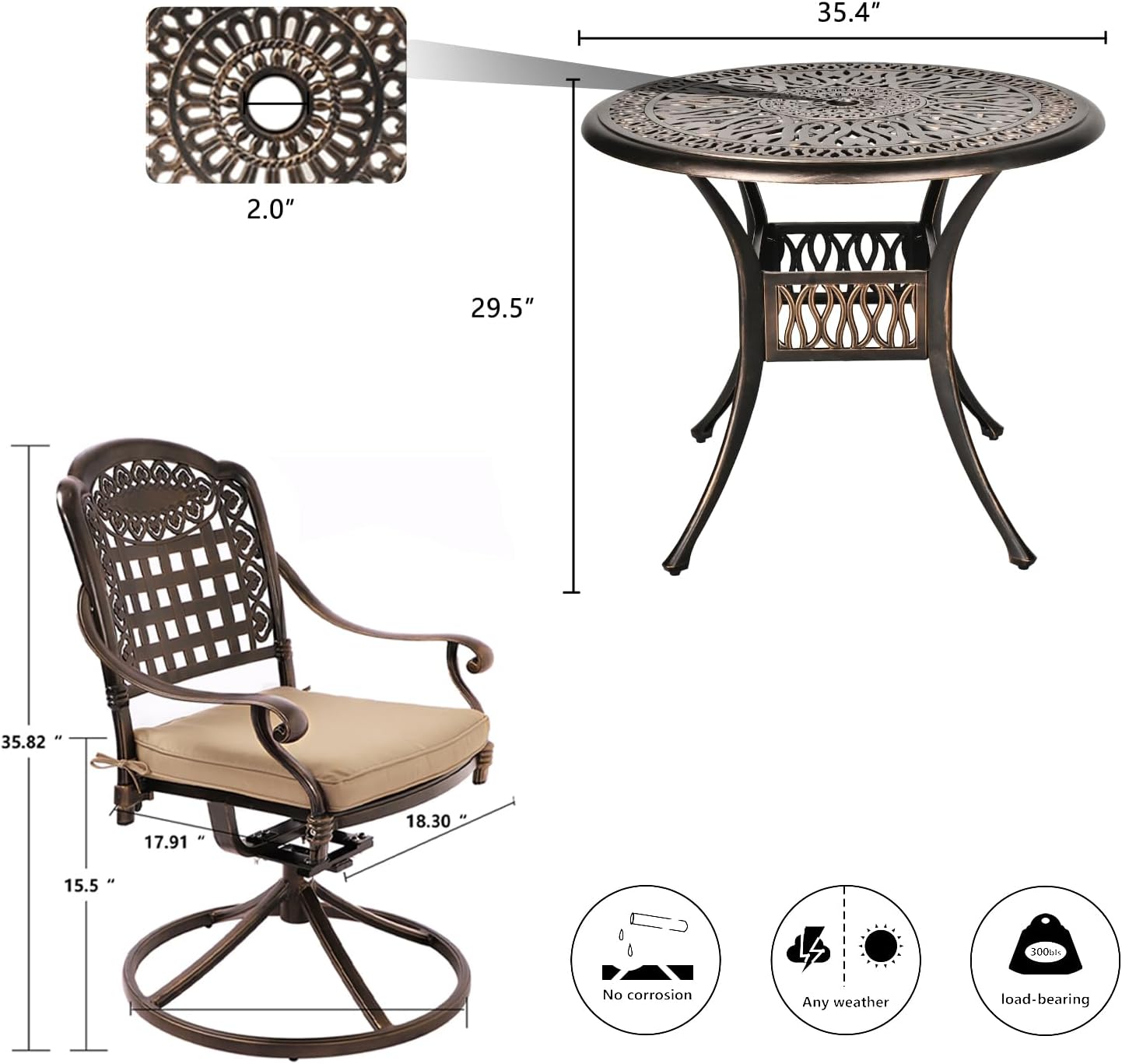 Grepatio 5 Piece Outdoor Dining Set Cast Aluminum Patio Table and Chairs Outside Furniture 4 Mesh Swivel Chairs with Khaki Cushion and 1 Umbrella Hole Round Dining Table for Lawn Garden (Grid Khaki)
