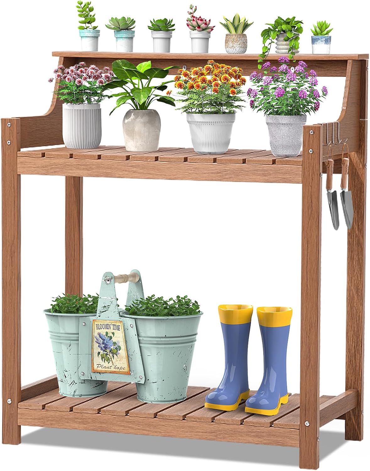 ONBRILL HDPS Potting Bench, All Weather Potting Table with 8 Hooks and Highten Tabletop, Easy Assembly Garden Work Bench, Outdoor Potting Benches for Outside Patio Lawn, 360LBS Capacity, Teak