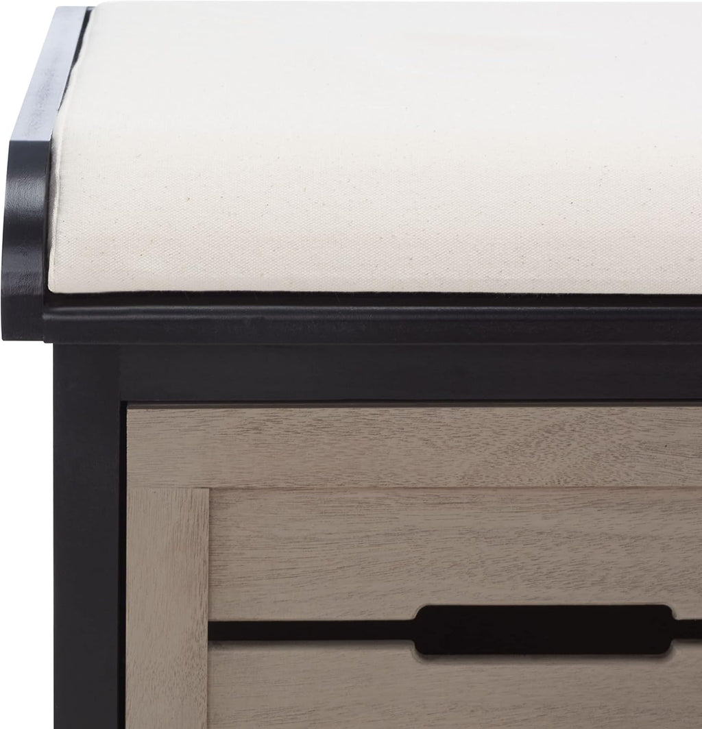 SAFAVIEH Home Collection – Briar 3-Drawer Upholstered Storage Bench, Farmhouse Entryway Accent Bench with Cushion Top, Black Frame & Greige Drawer Fronts (BCH5700E)