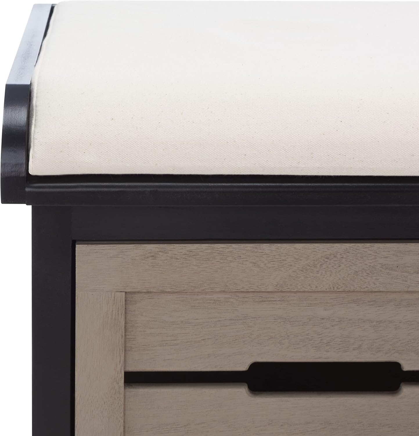 SAFAVIEH Home Collection – Briar 3-Drawer Upholstered Storage Bench, Farmhouse Entryway Accent Bench with Cushion Top, Black Frame & Greige Drawer Fronts (BCH5700E)