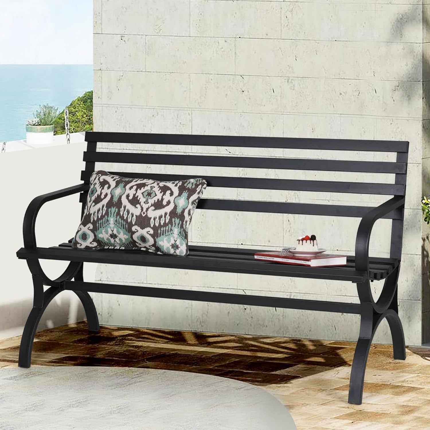 PHI VILLA Outdoor Garden Bench, 48' Long Metal Steel Bench with Backrest and Armrests, Modern Slatted Design for Patio, Lawn, Yard, Porch - Black