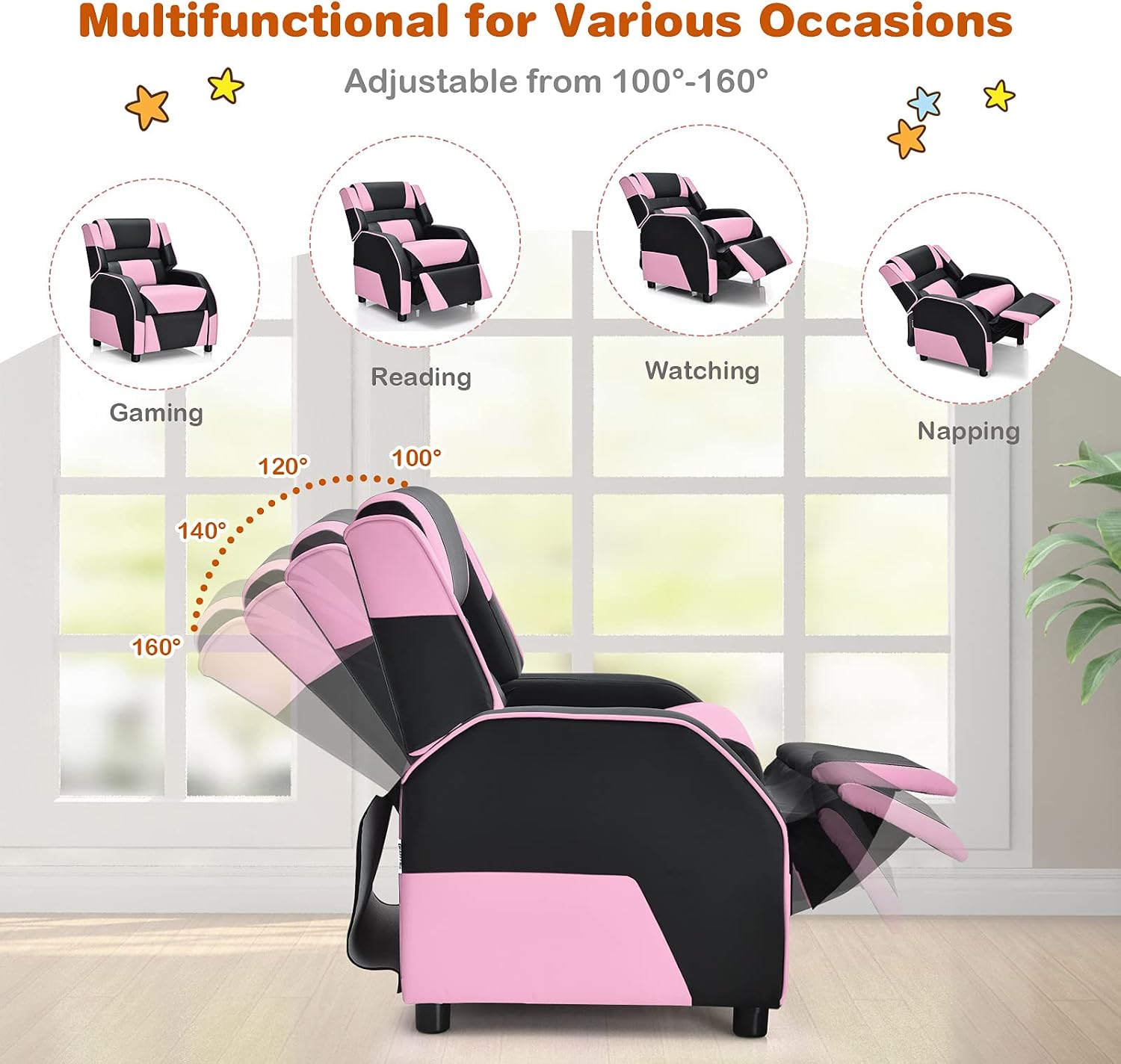ARLIME Kids Recliner, PU Leather Kid Lounge Chair w/Footrest, Armrest, Headrest & Lumbar Support, Adjustable Gaming Toddler Sofa Armchair for Boys Girls (Pink)